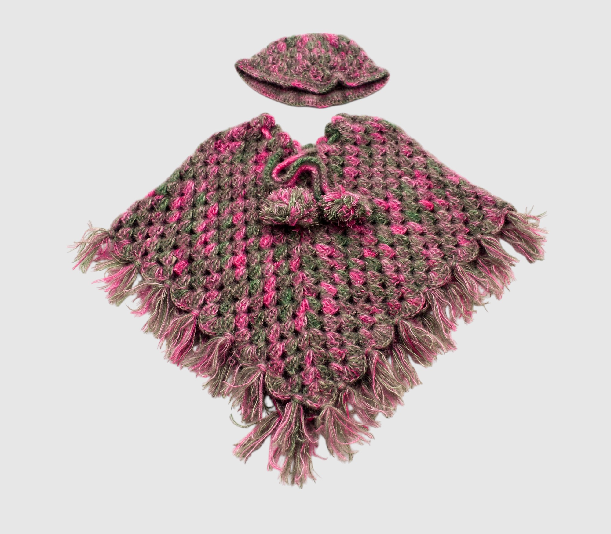 Handknitted Kids Woolen Poncho and Cap Set, Pink and Grey (1-2 Years)