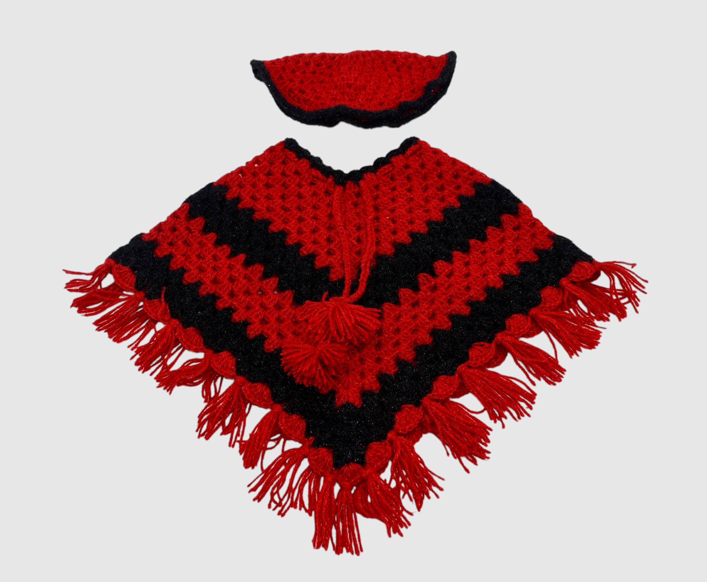 Handknitted Woolen Poncho and Cap Set for Kids, Red and Black (1-3 Years)