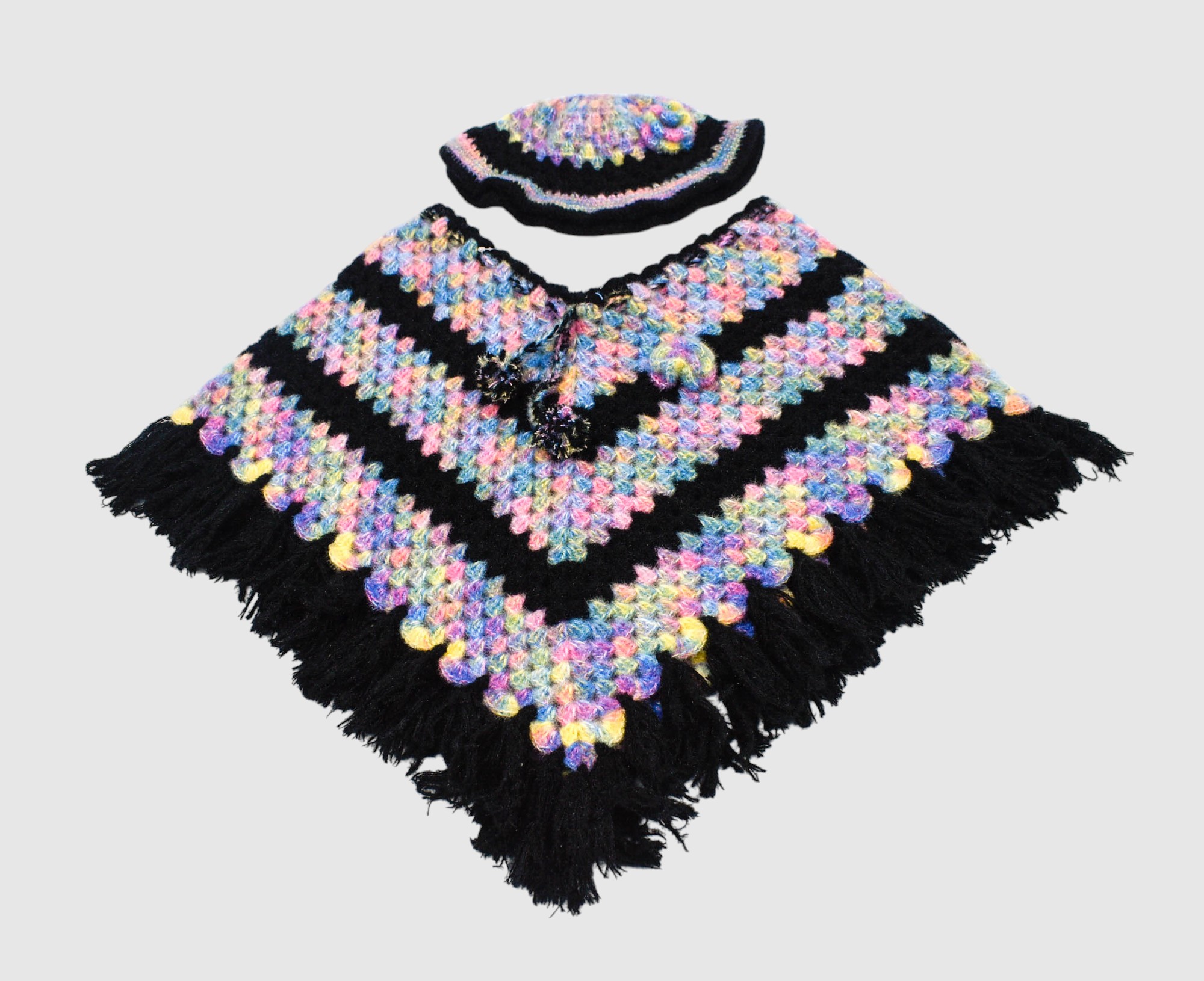 Handknitted Kids Woolen Poncho and Cap Set, Black with Multicolor Pattern (3-5 Years)