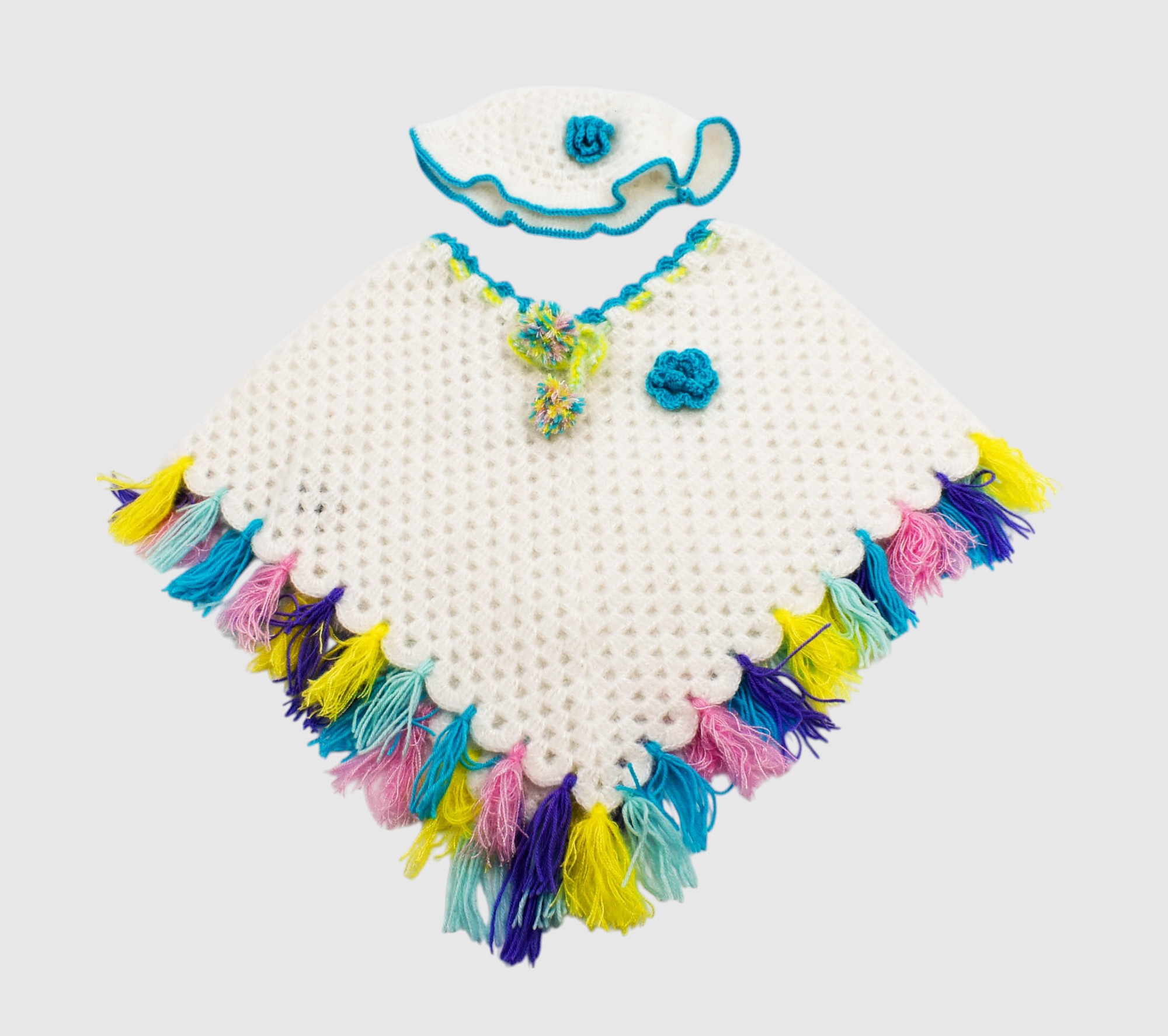 Handknitted Kids Woolen Poncho and Cap Set, White with Multicolor Tassels (1-3 Years)