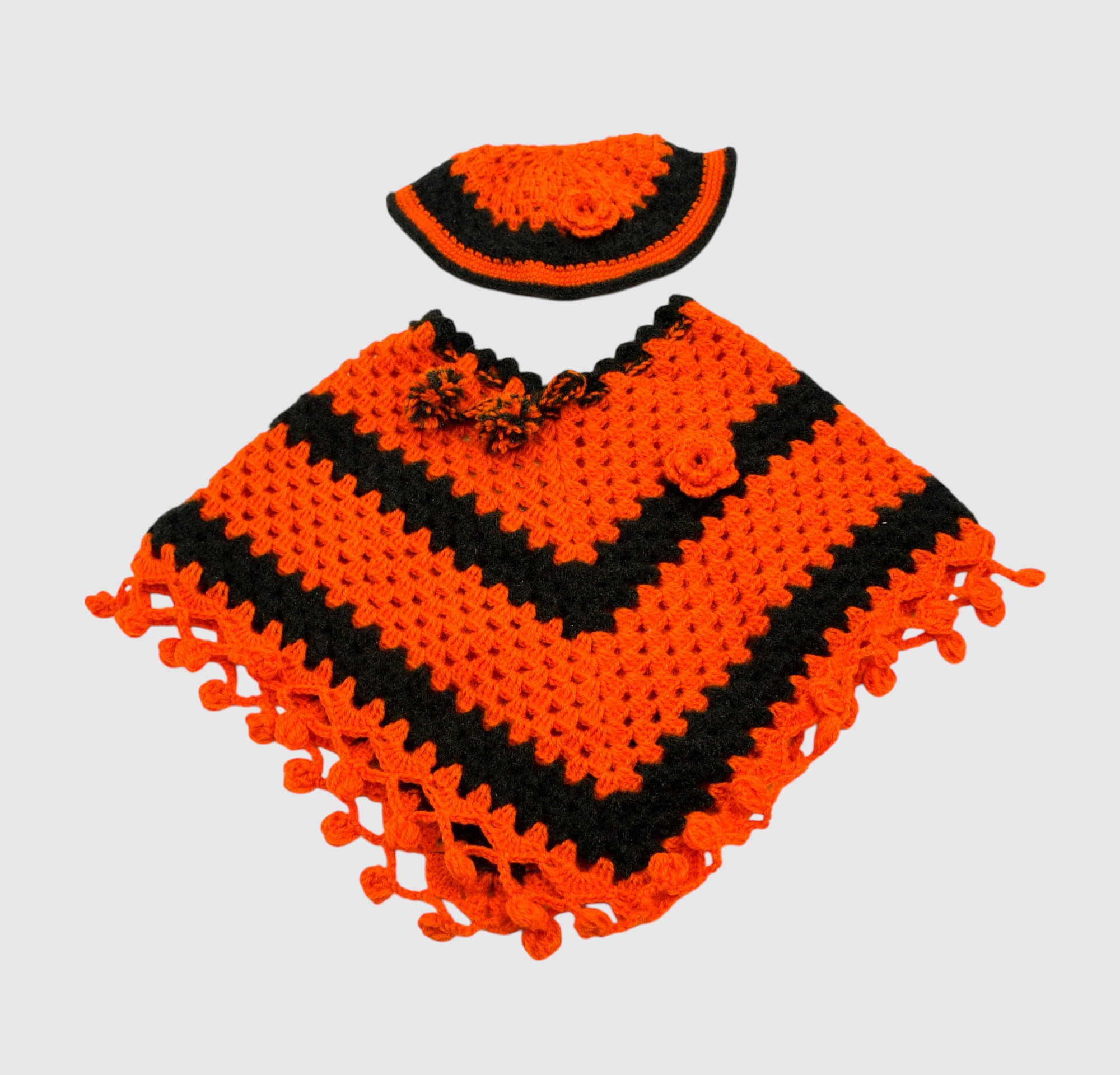 Handknitted Woolen Kids Poncho and Cap Set, Orange and Black (6 Months - 1 Year)