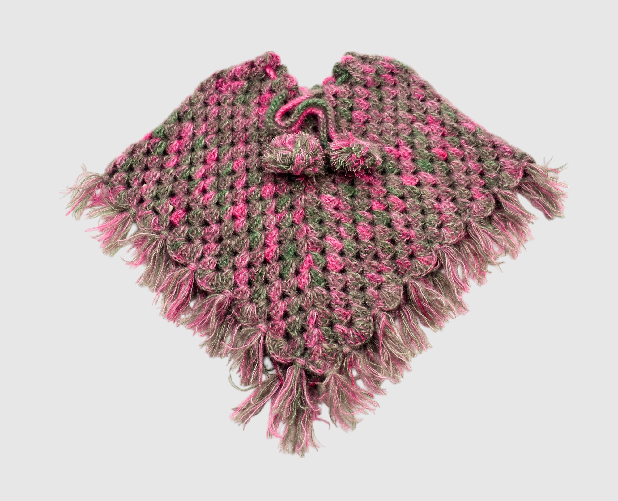 Handknitted Kids Woolen Poncho and Cap Set, Pink and Grey (1-2 Years)