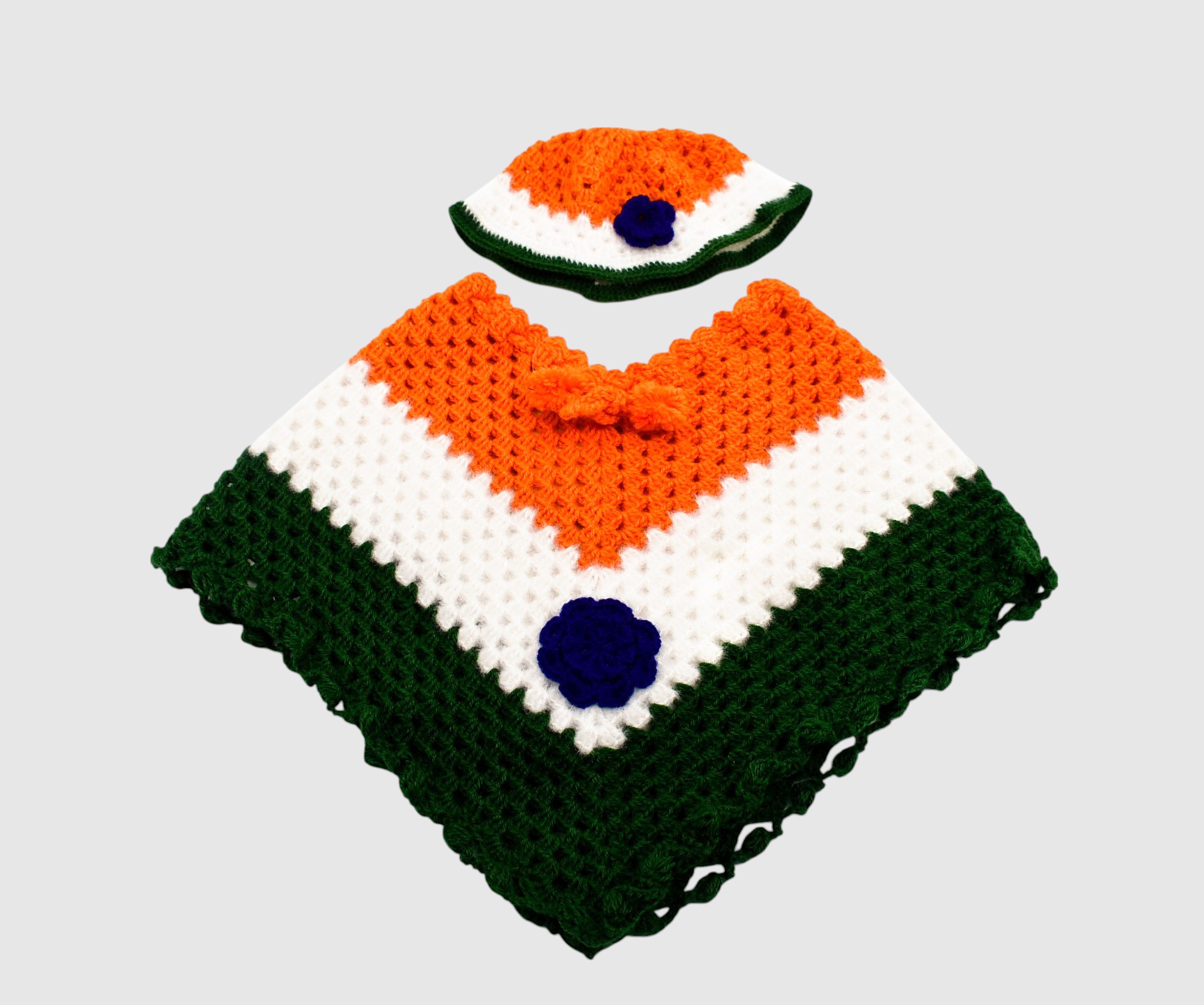 Handknitted Woolen Poncho and Cap Set for Kids,  Tricolor Design (1-3 Years)