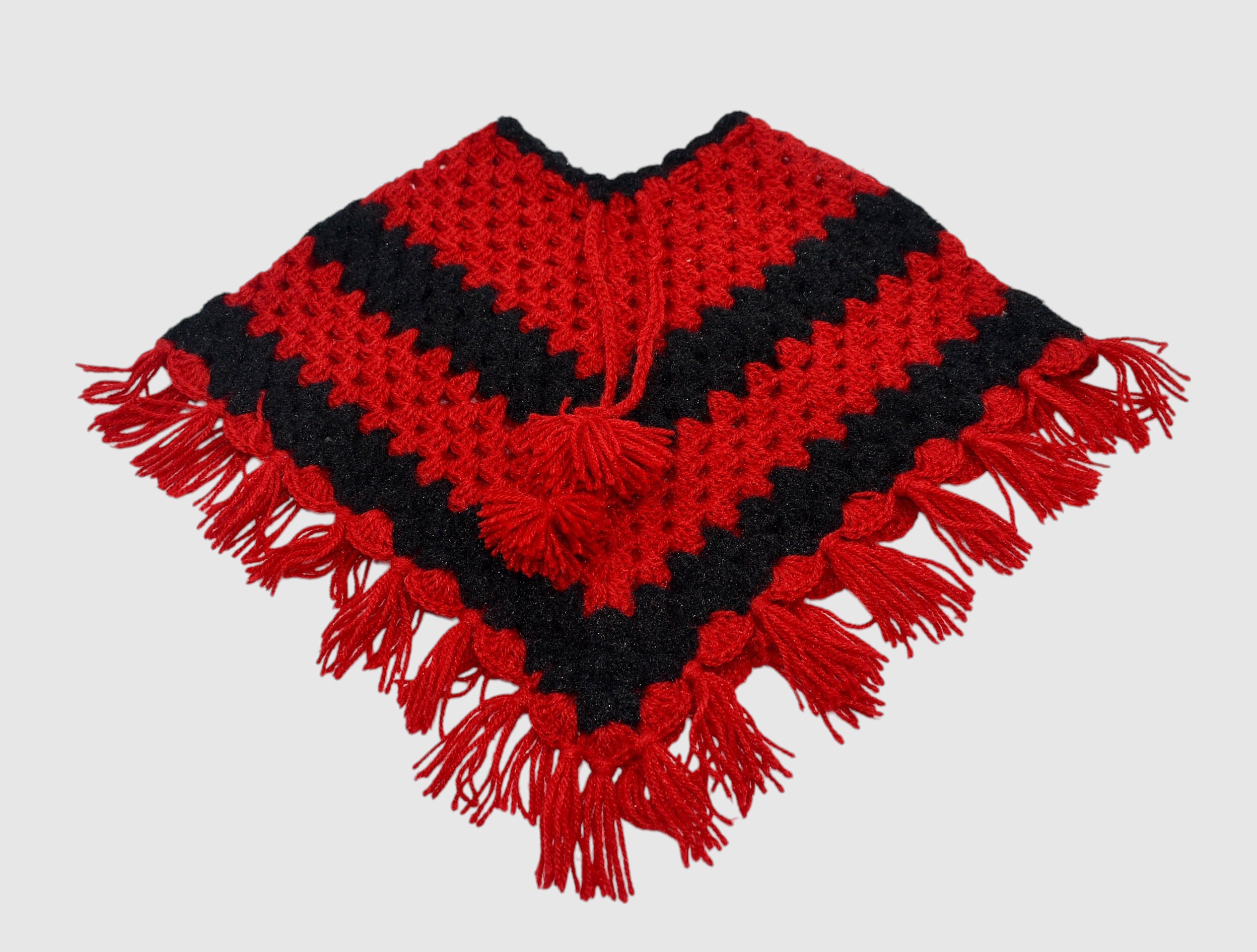 Handknitted Woolen Poncho and Cap Set for Kids, Red and Black (1-3 Years)