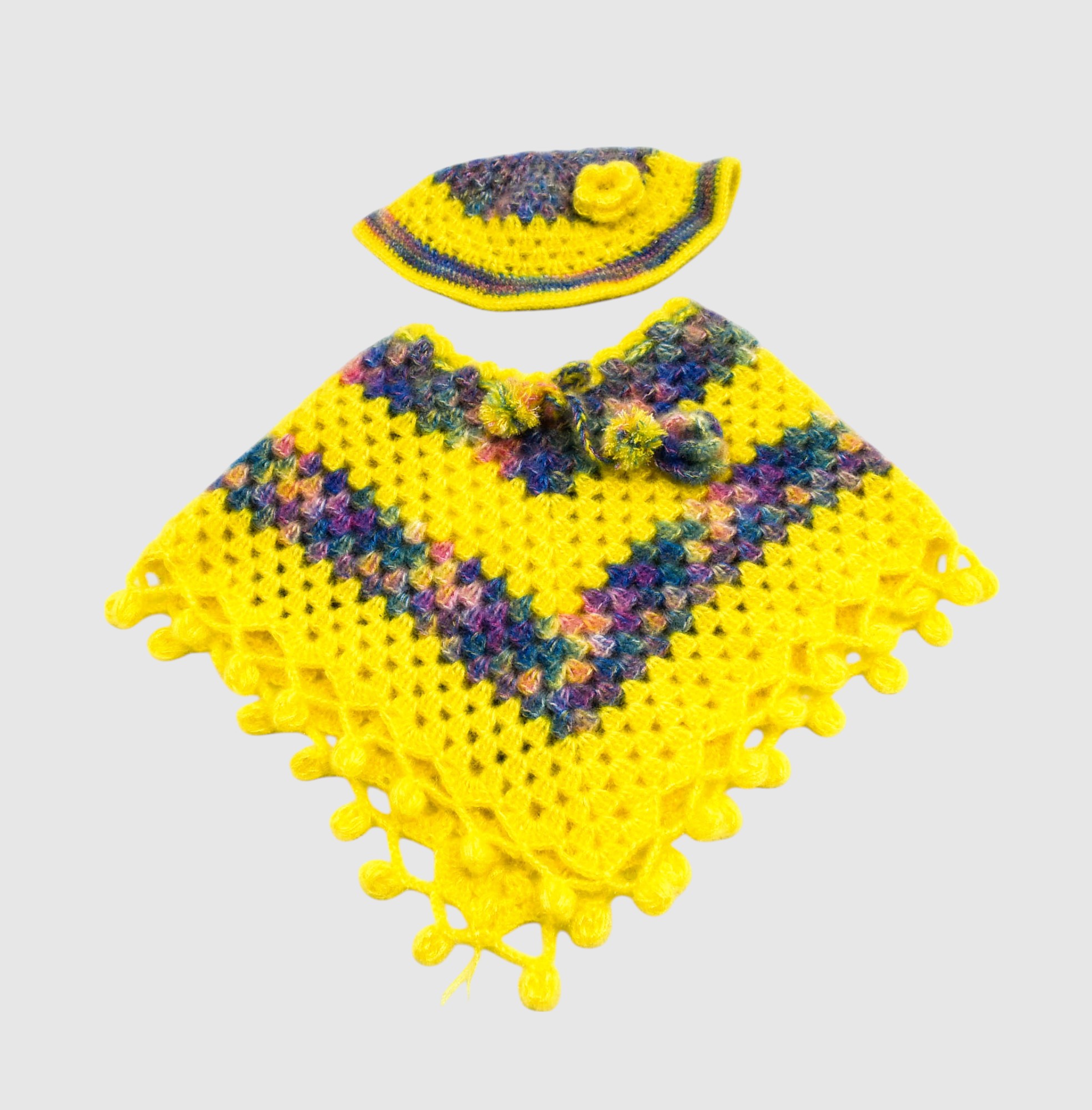 Handknitted Woolen Poncho and Cap Set for Kids, Yellow with Multicolor Pattern (3-6 Months) (