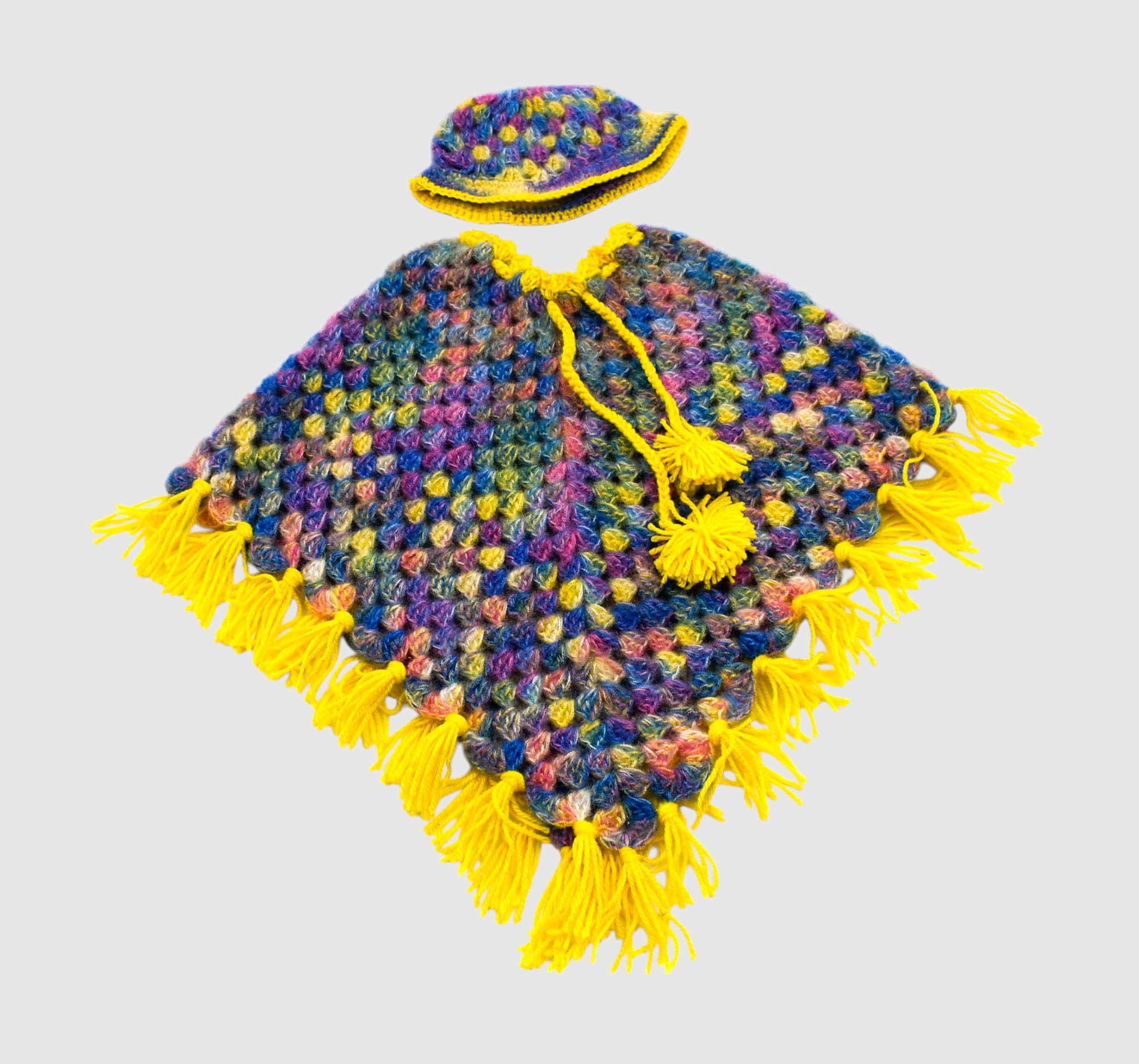 Handknitted Kids Multicolor Woolen Poncho and Cap Set with Yellow Tassels (1-3 Years)