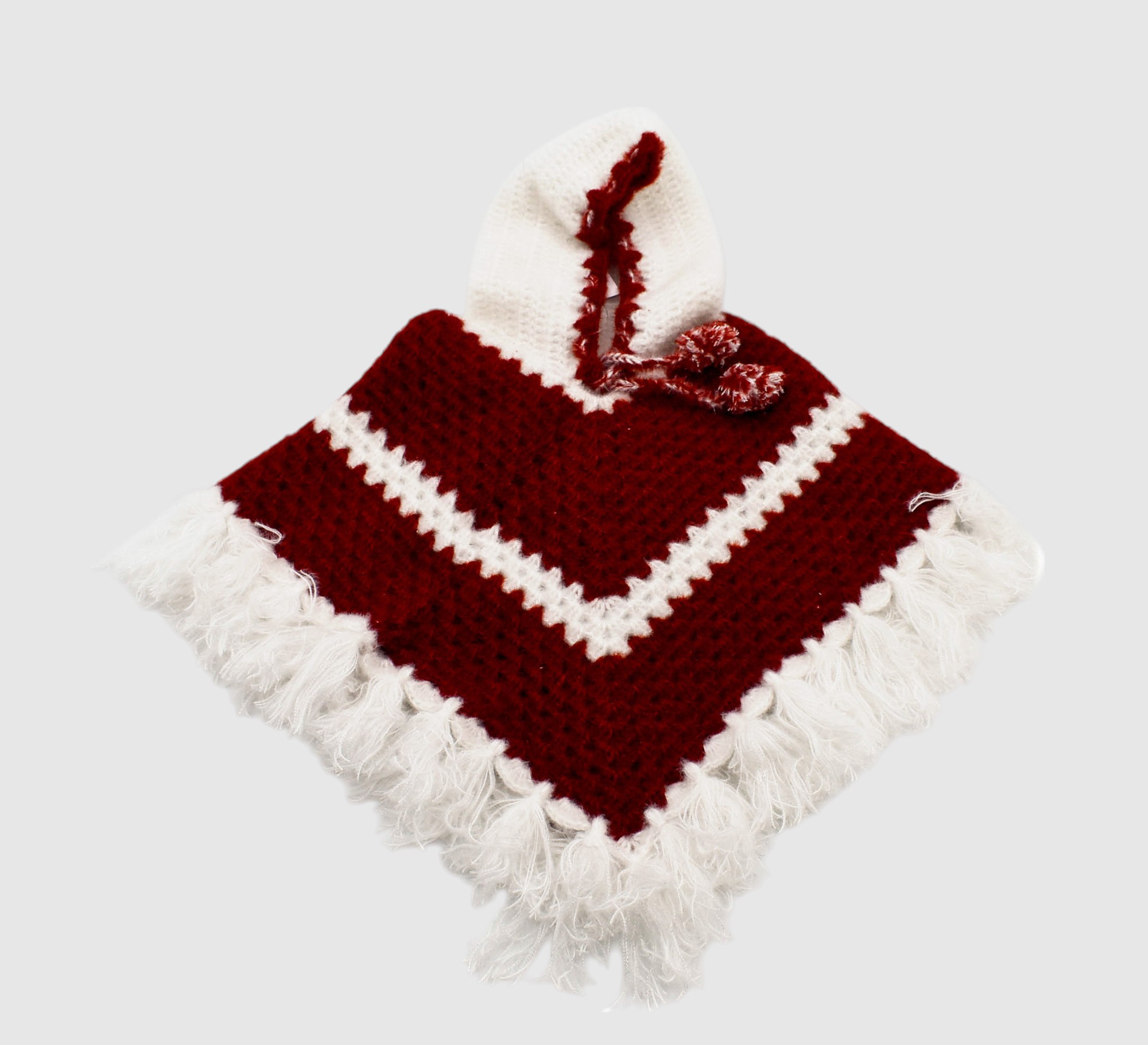 Kids Handknitted Woolen Poncho with Cap, Red and White (6 Months - 1 Year)