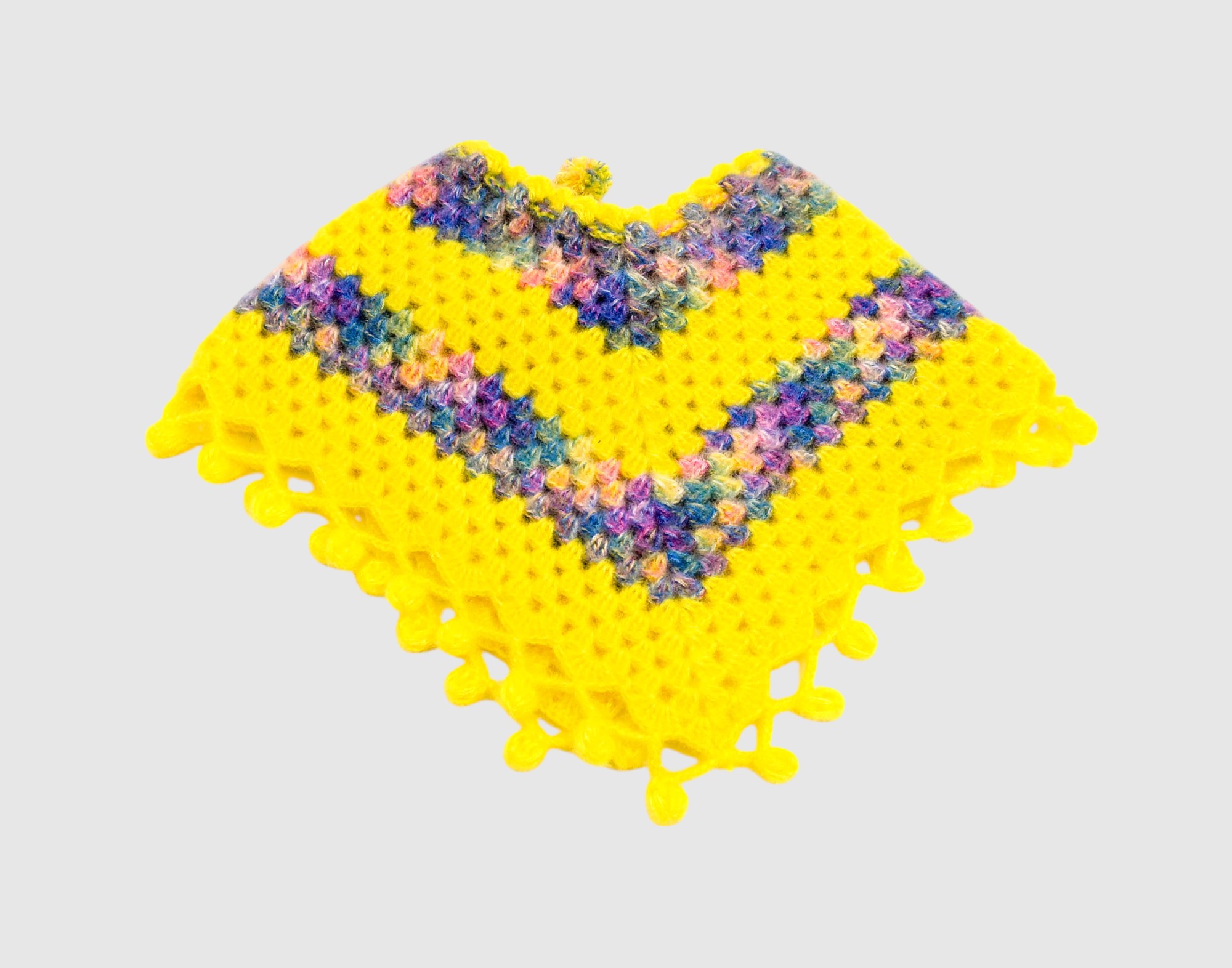 Handknitted Woolen Poncho and Cap Set for Kids, Yellow with Multicolor Pattern (3-6 Months) (