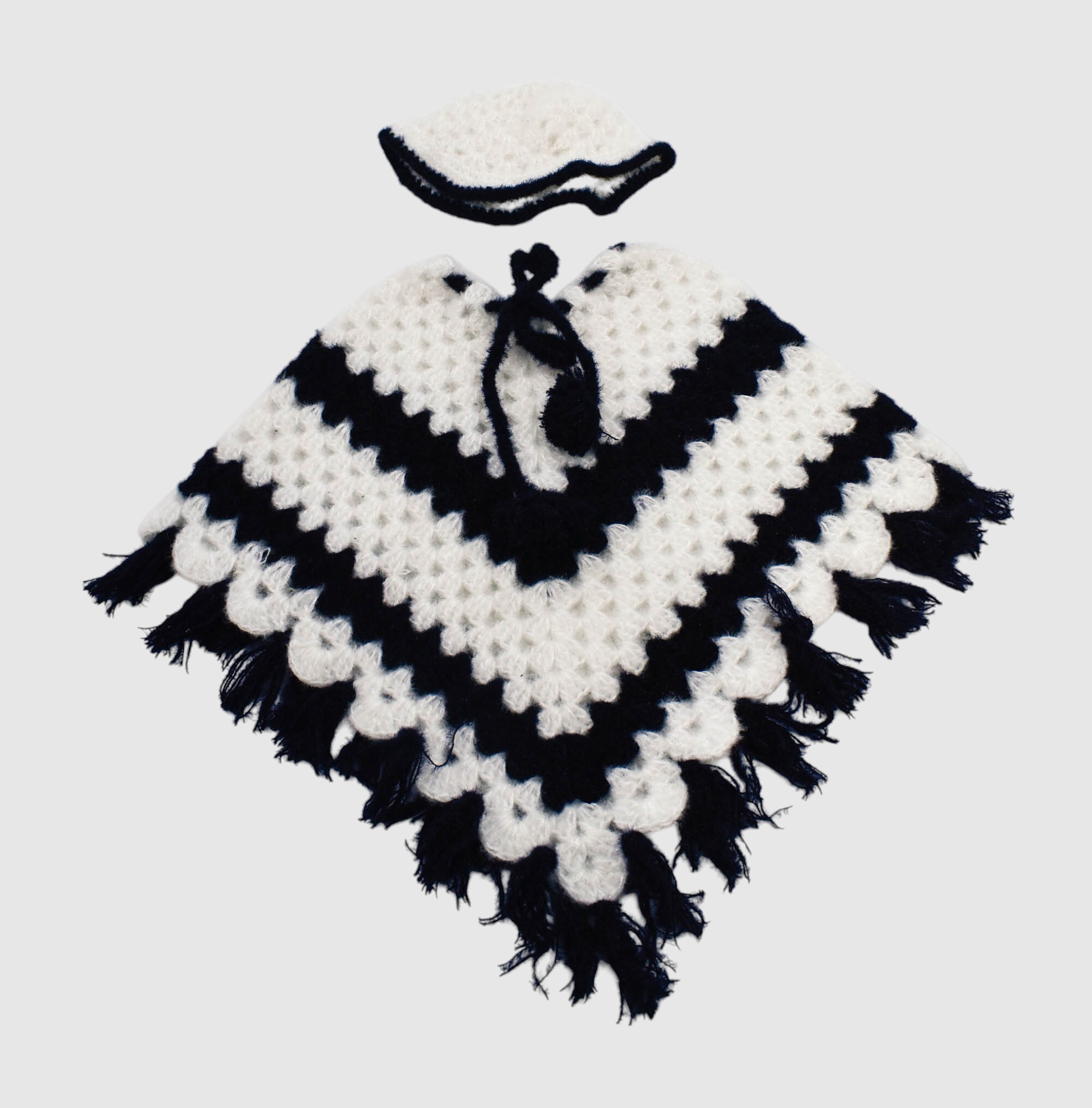 Black and White Handknitted Woolen Poncho and Cap Set for Kids (6 Months - 1 Year)