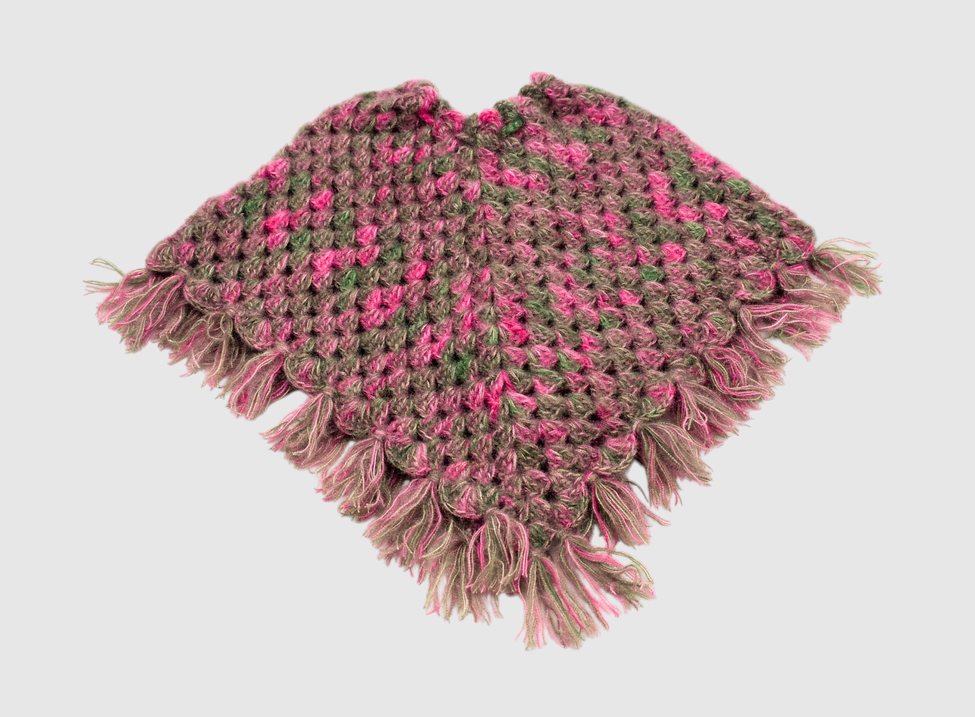 Handknitted Kids Woolen Poncho and Cap Set, Pink and Grey (1-2 Years)