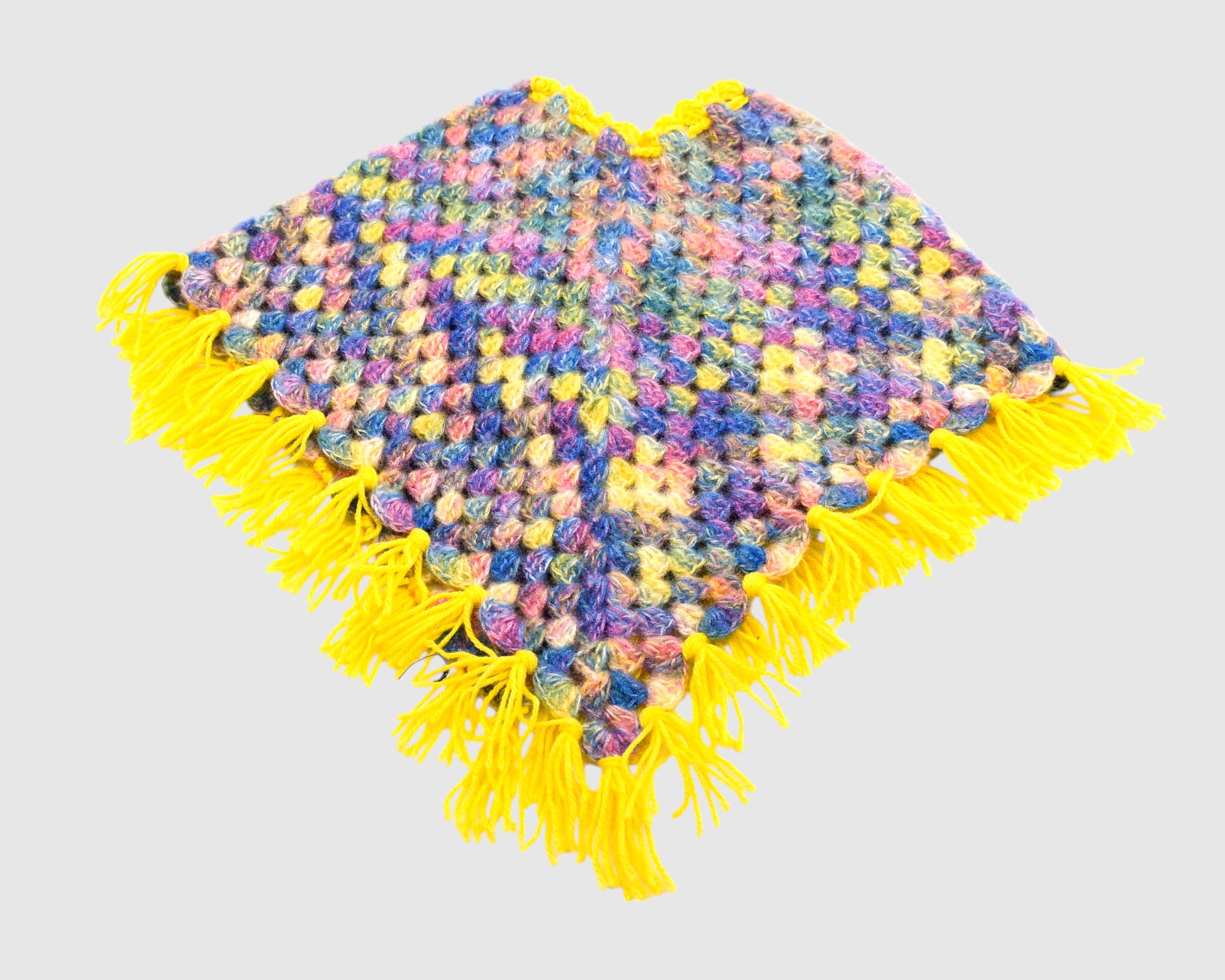 Handknitted Kids Multicolor Woolen Poncho and Cap Set with Yellow Tassels (1-3 Years)