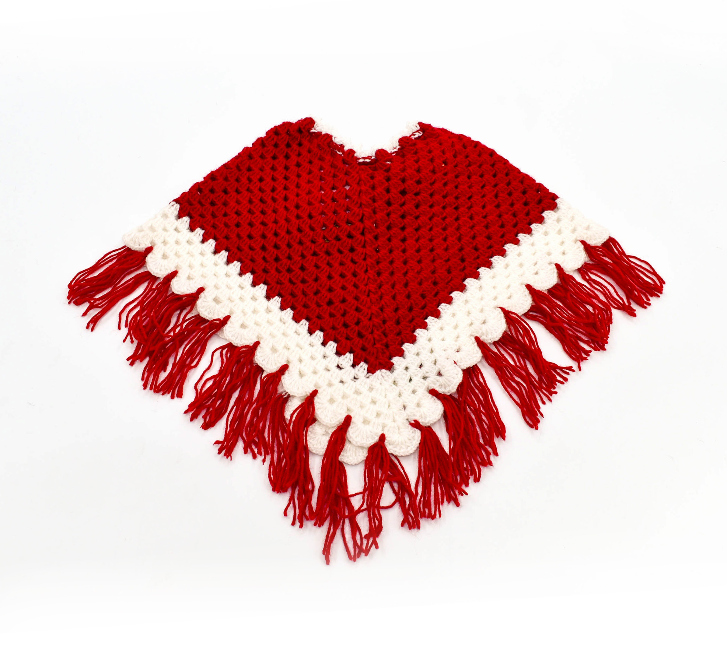 Handknitted Red and white woolen poncho and cap for kids between 6 mounths and 1 years