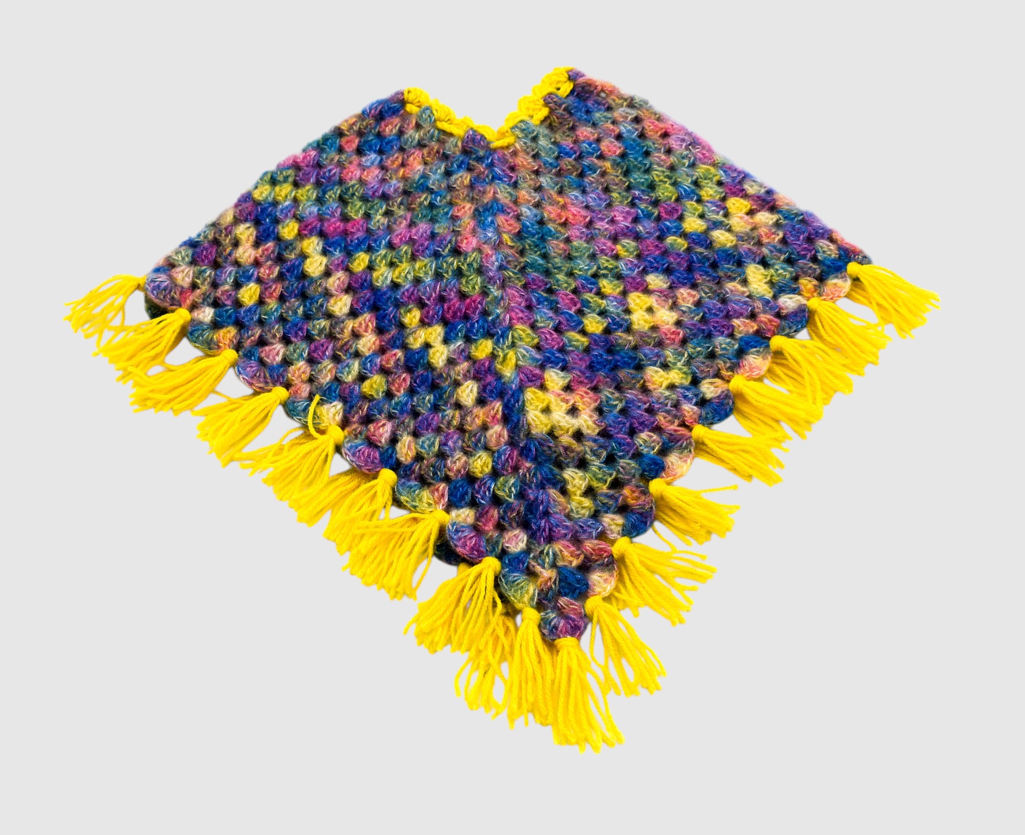 Handknitted Kids Multicolor Woolen Poncho and Cap Set with Yellow Tassels (1-3 Years)