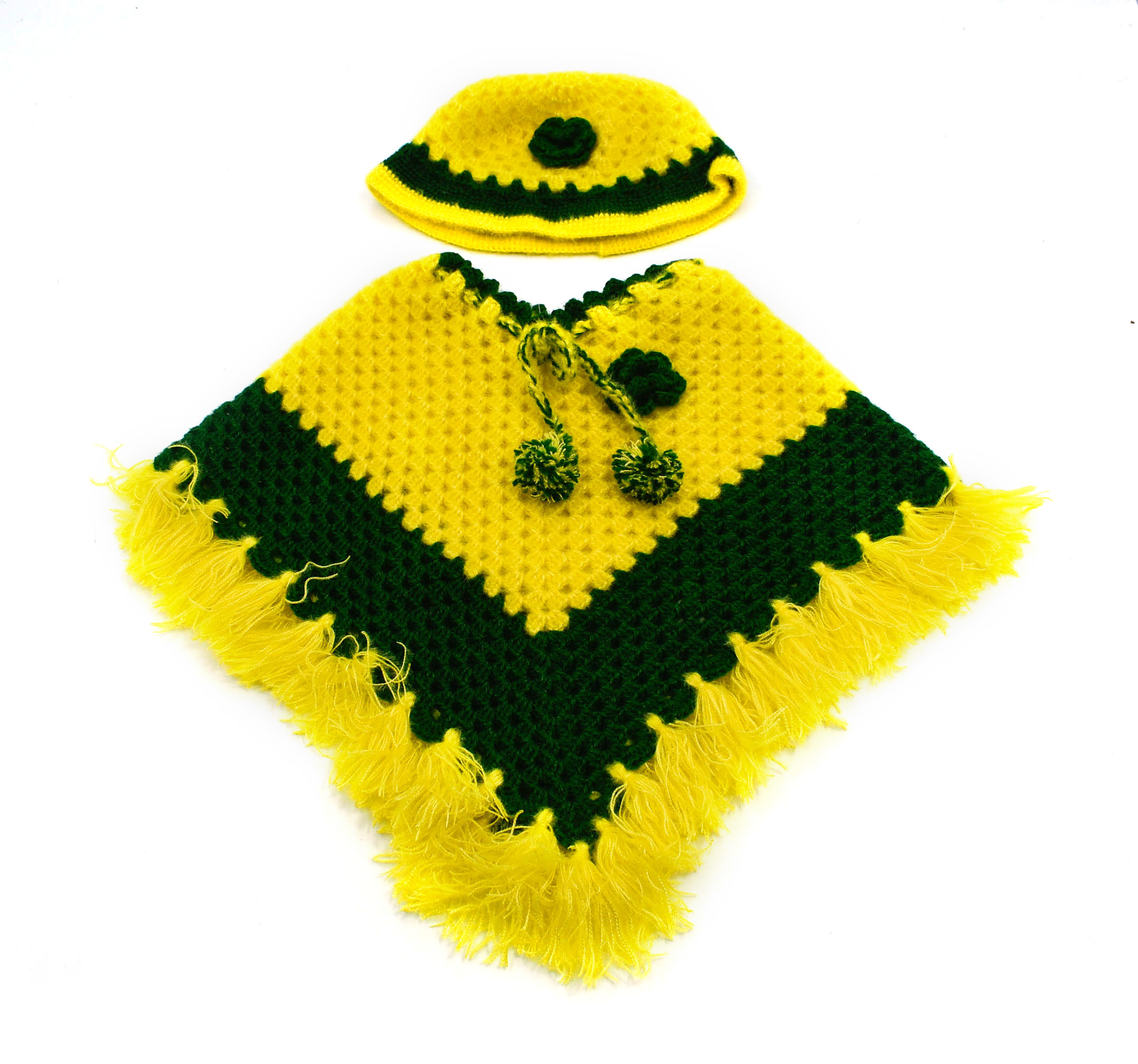 Handknitted Yellow and Green Woolen Poncho for kids (1 - 3 Years)