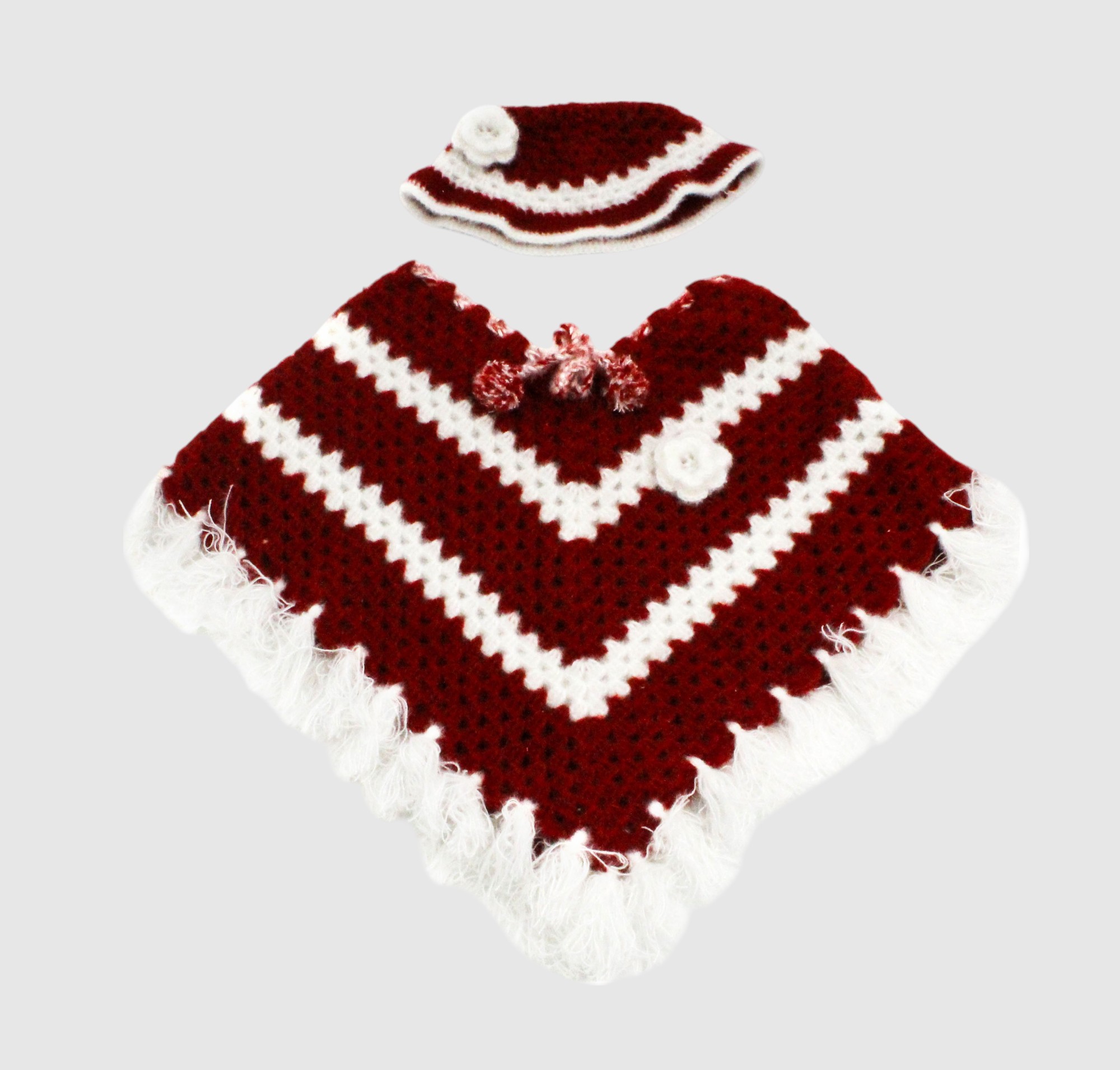 Handknitted Woolen Poncho and Cap Set for Kids, Red and White (6 Months - 1 Year)