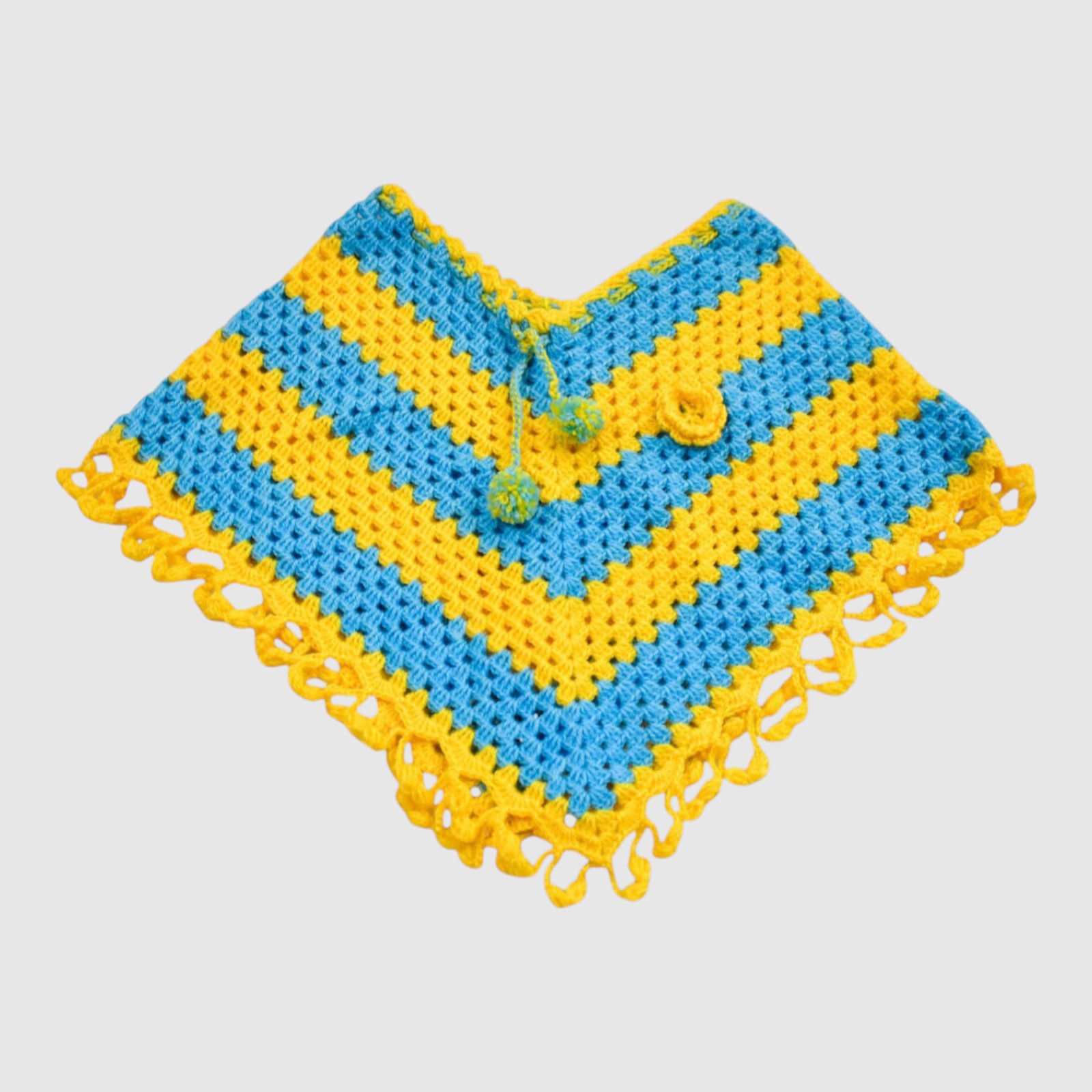]4-5 Years] Handknitted Kids Poncho, Blue and Yellow Striped Crochet, Decorative Lace Trim