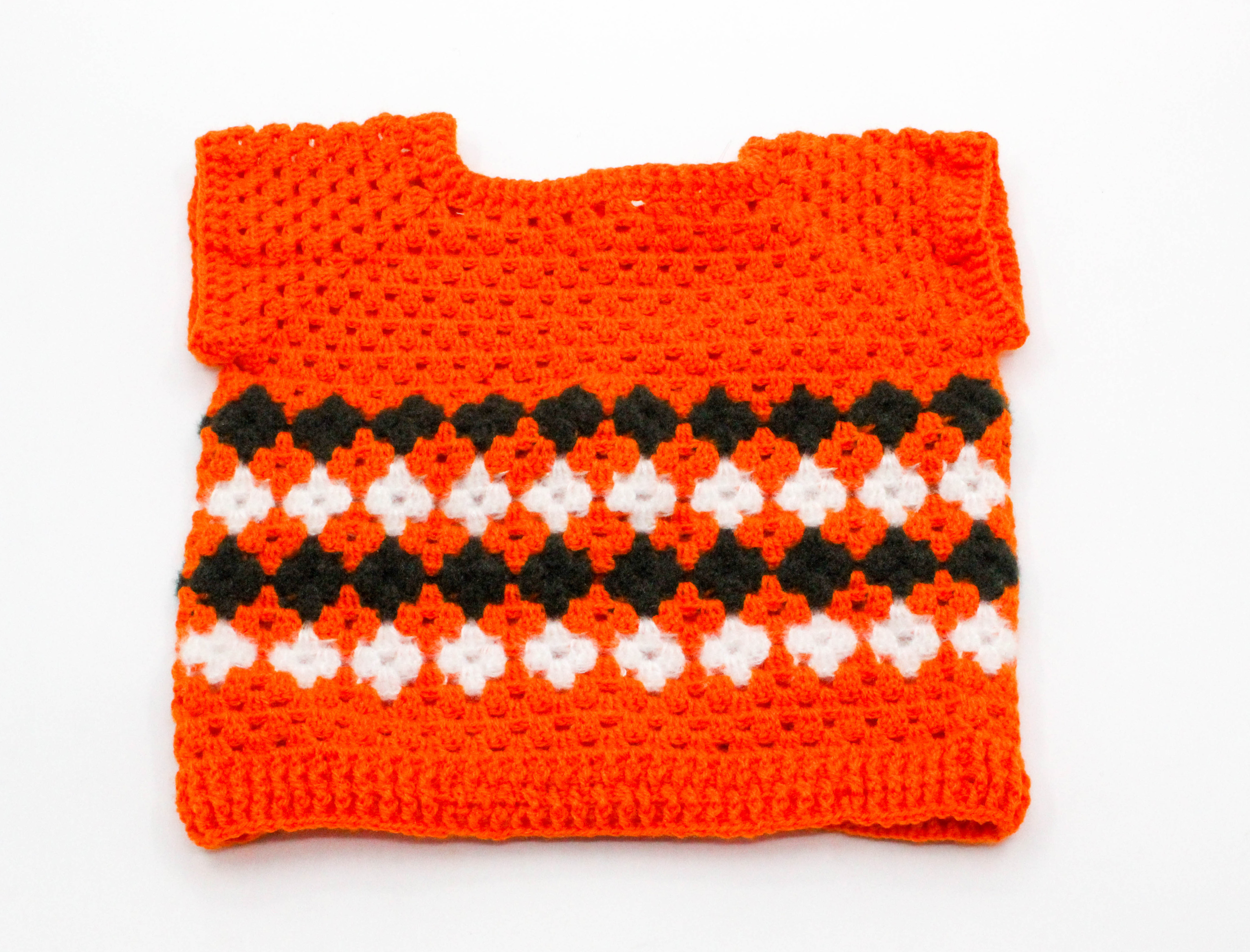 Handmade Baby Cardigan Sweater, Orange with Black and White Pattern, Button Front, 6-12 Months