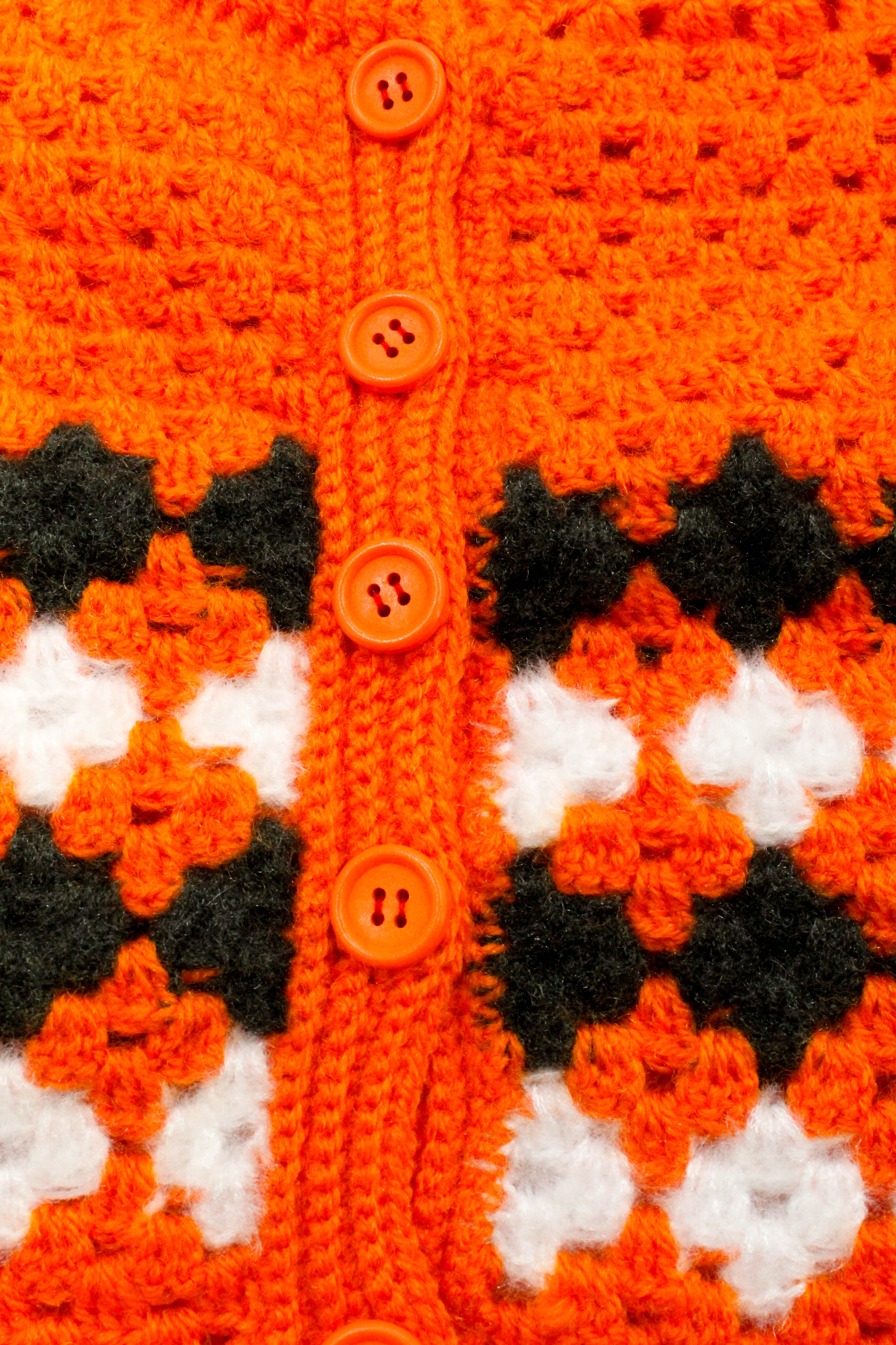 Handmade Baby Cardigan Sweater, Orange with Black and White Pattern, Button Front, 6-12 Months