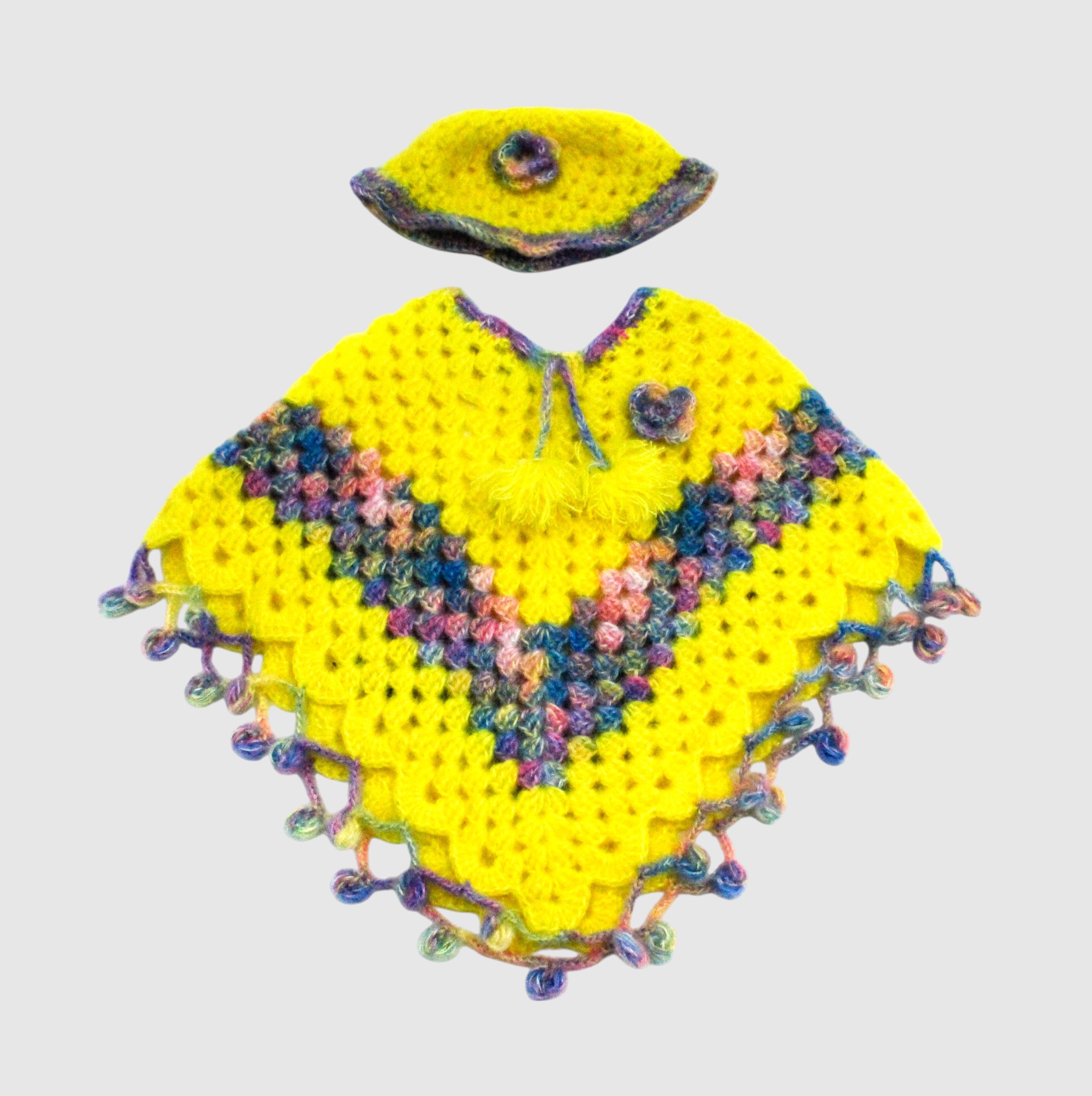 Handknitted Yellow Woolen Poncho and Cap Set for Kids, (6 Months - 1 Year)
