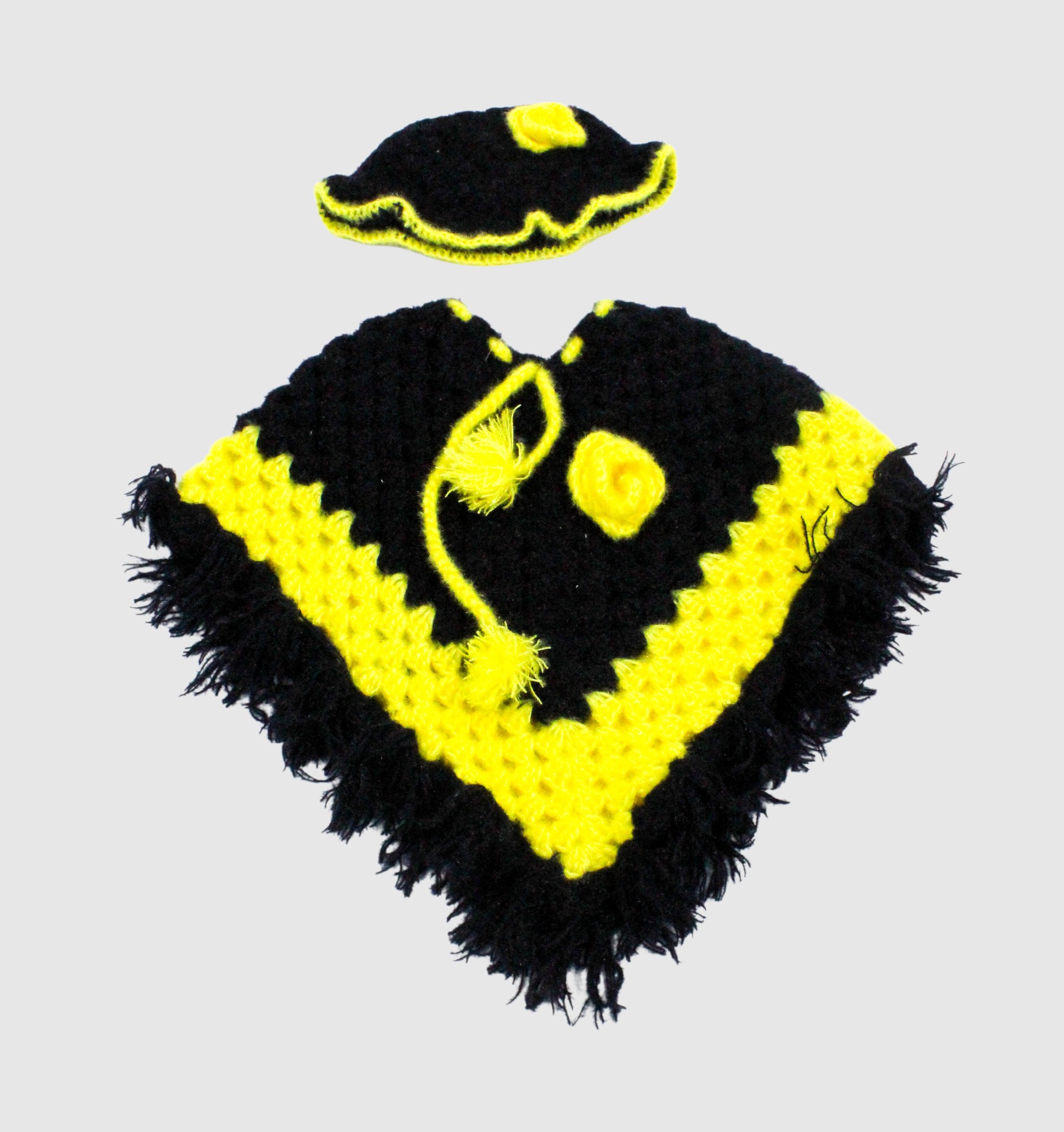 Hand-Knitted Kids Woolen Poncho and Cap Set, Black and Yellow (3 -6 Months)