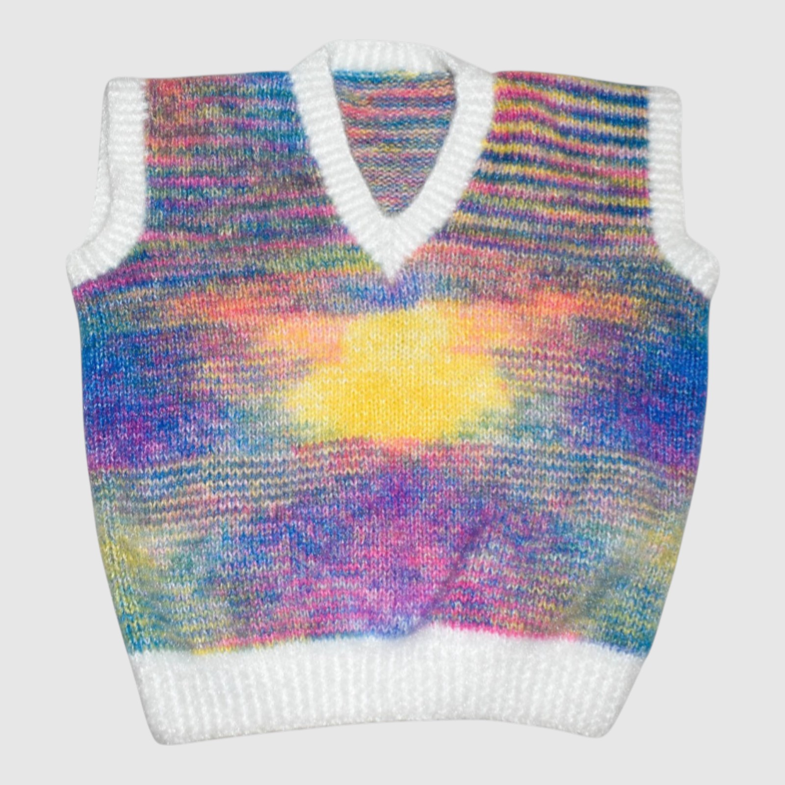 [2-3 Years] Handknitted Rainbow Multicolour Sweater for Kids, White Ribbed Trim