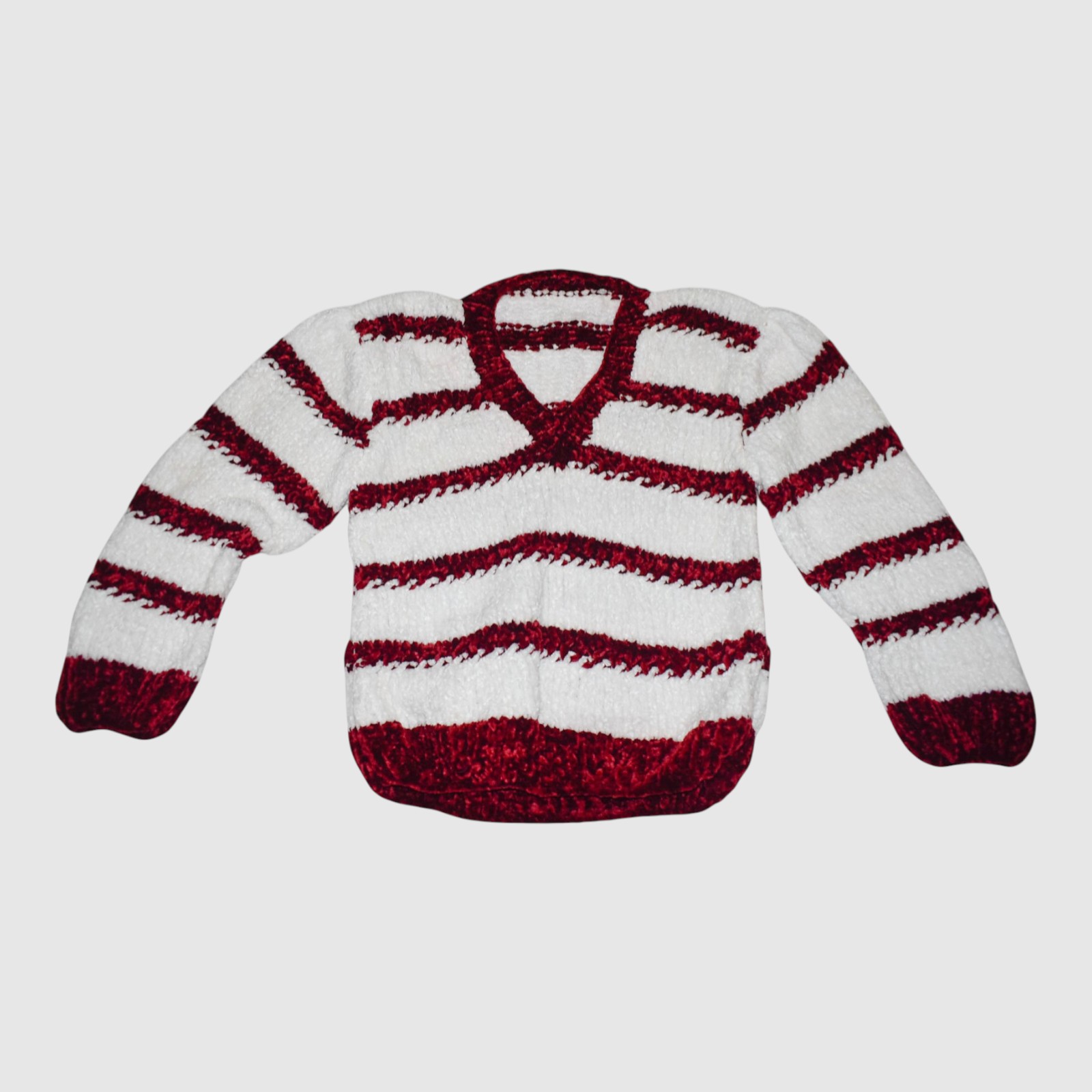 [4-5 Years] Handknitted Striped V-Neck Sweater, White and Burgundy, Long Sleeve