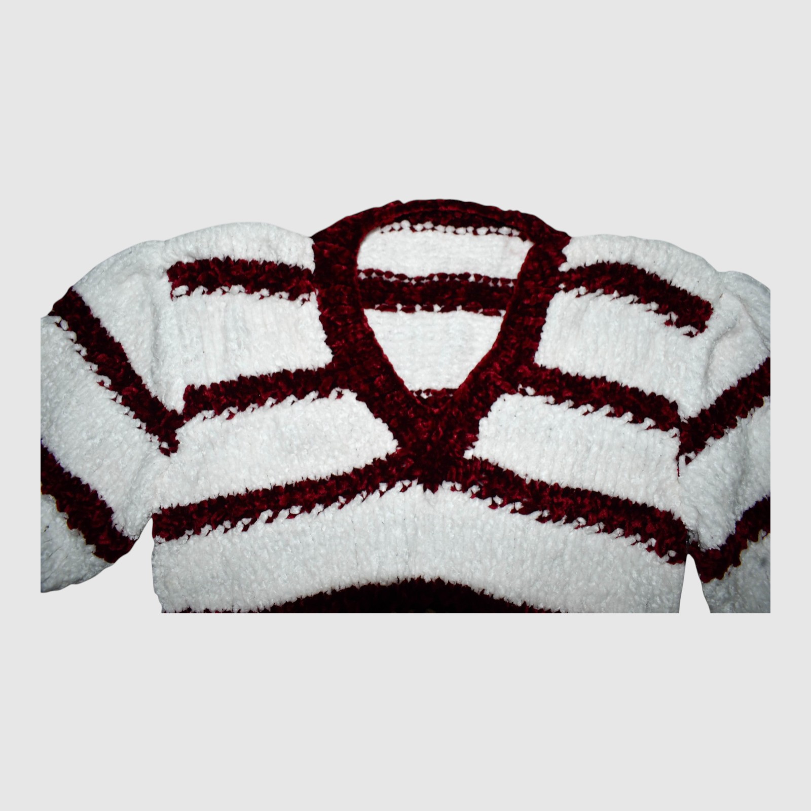 [4-5 Years] Handknitted Striped V-Neck Sweater, White and Burgundy, Long Sleeve