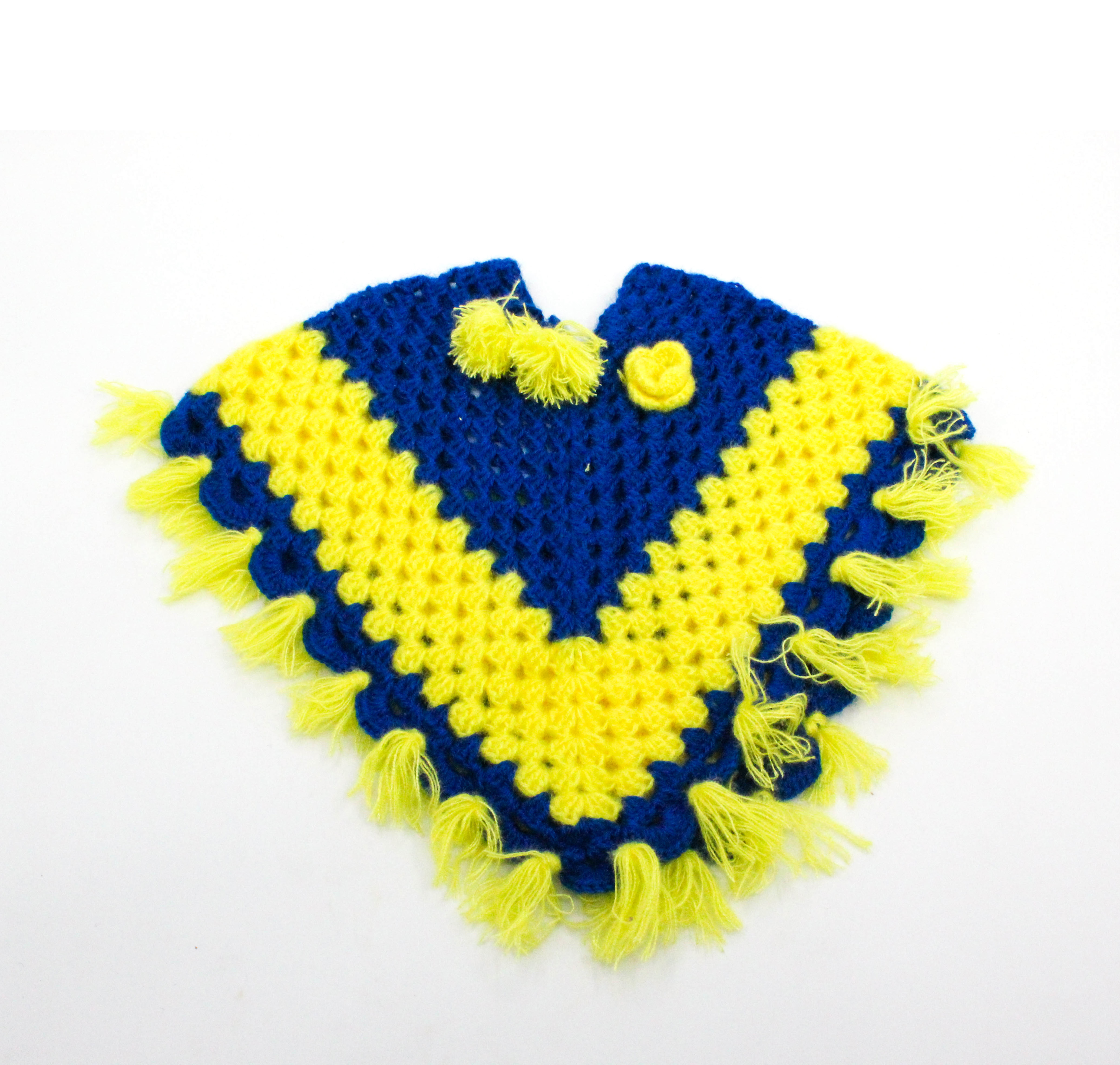 Handknitted Woollen Baby Poncho, Blue and Yellow Striped Pattern with Tassels, 3-12 Months