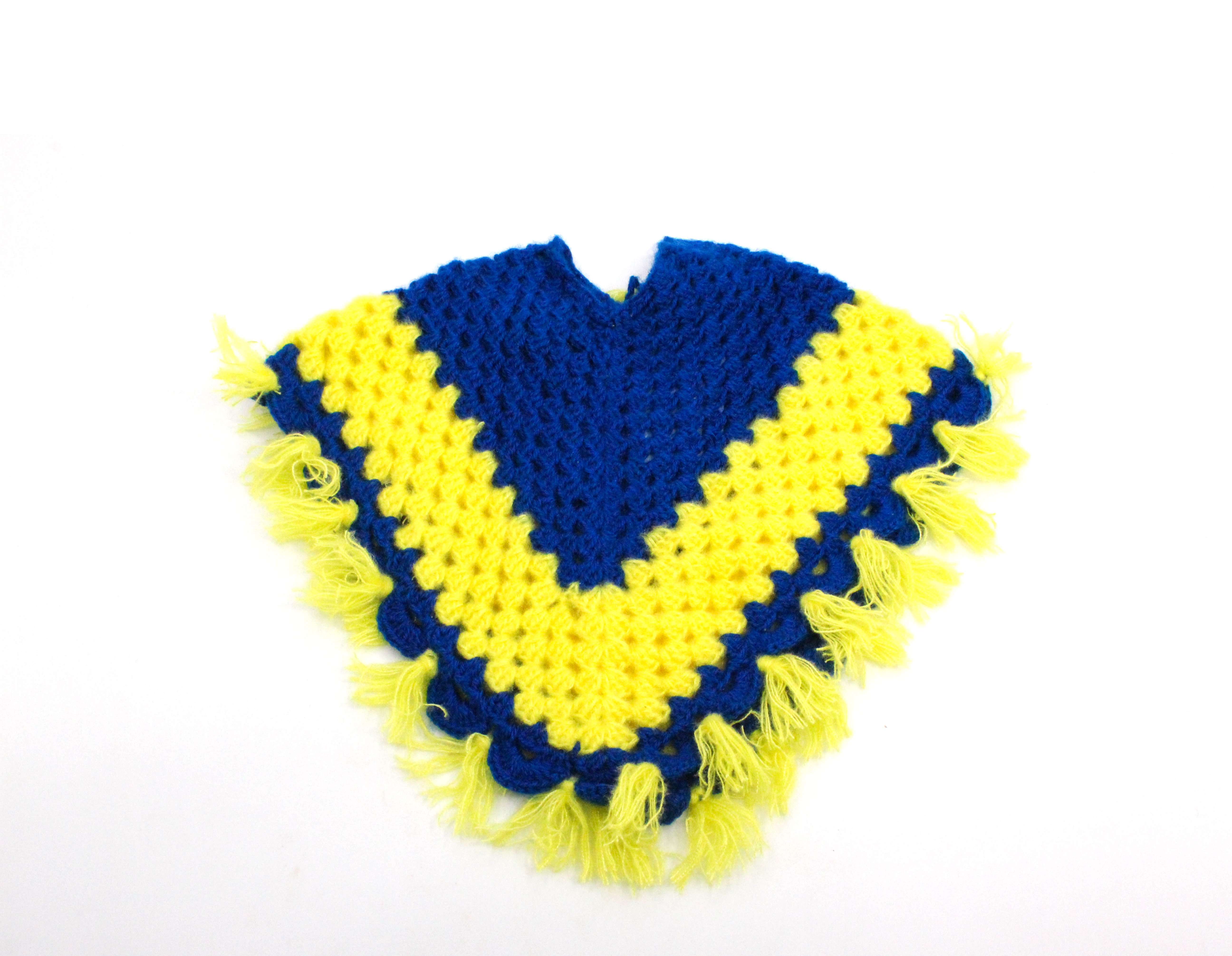 Handknitted Woollen Baby Poncho, Blue and Yellow Striped Pattern with Tassels, 3-12 Months