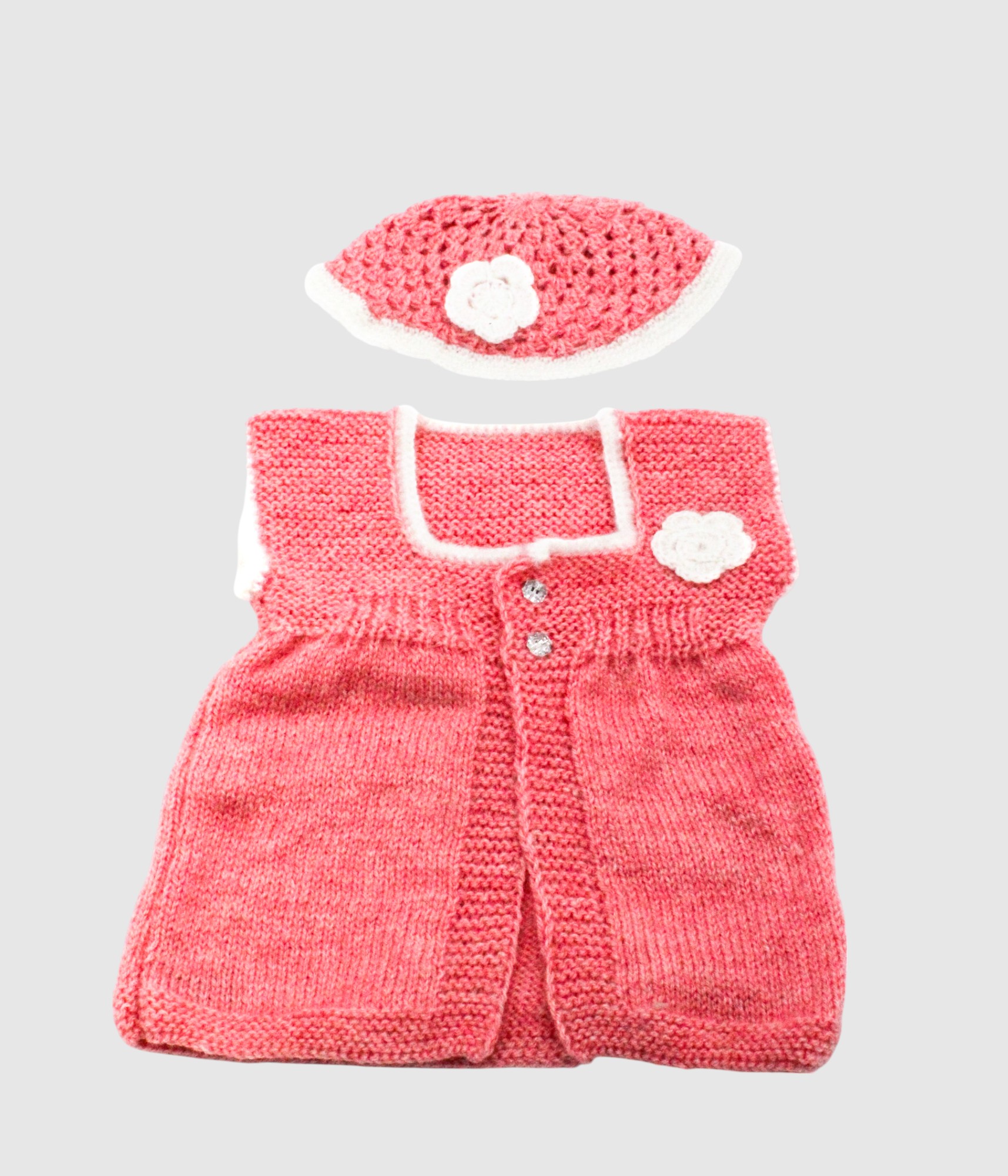 Handknitted Baby Sweater Set with Cap, Pink, 6-12 Months