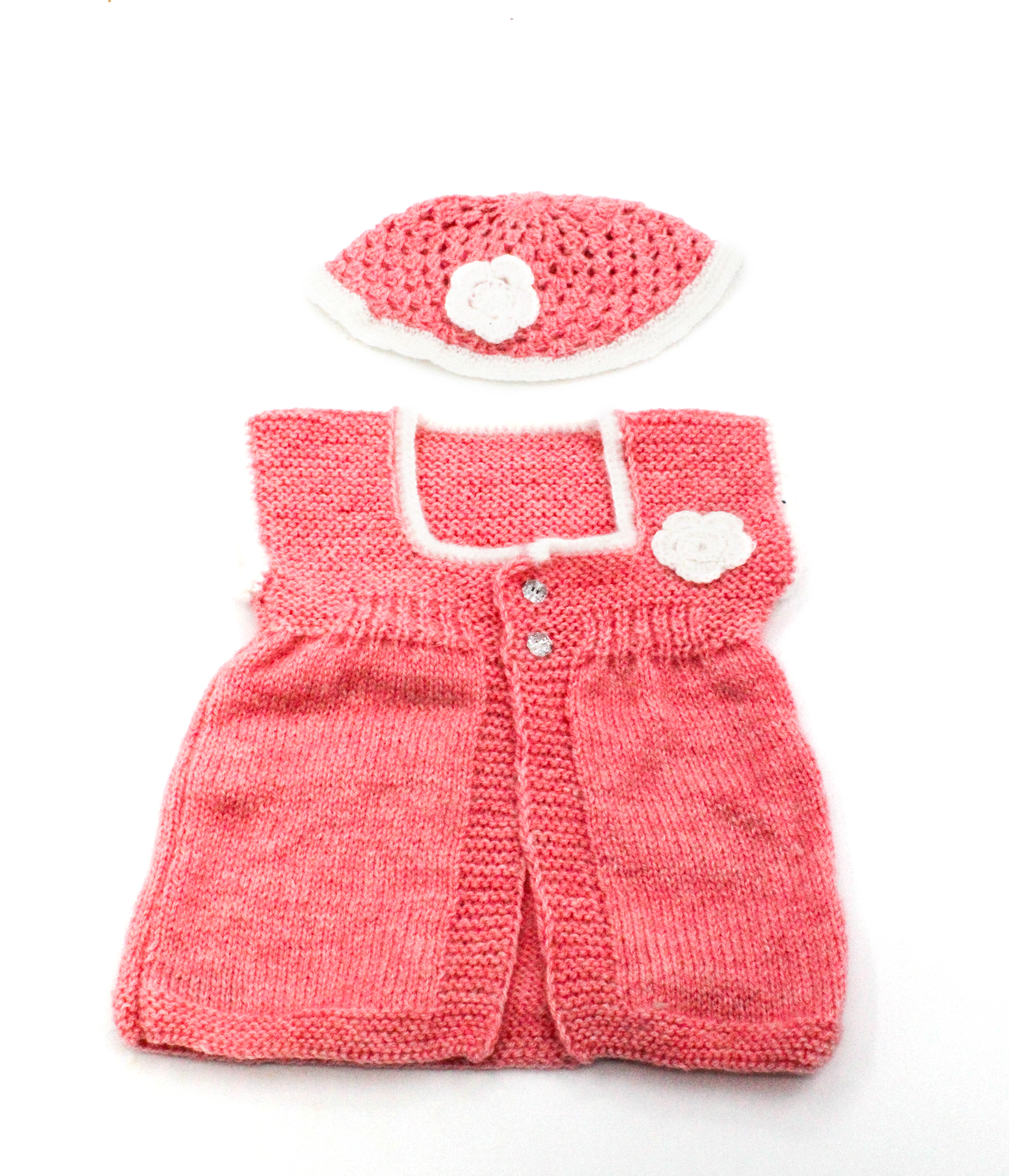 Handknitted Baby Sweater Set with Cap, Pink, 6-12 Months