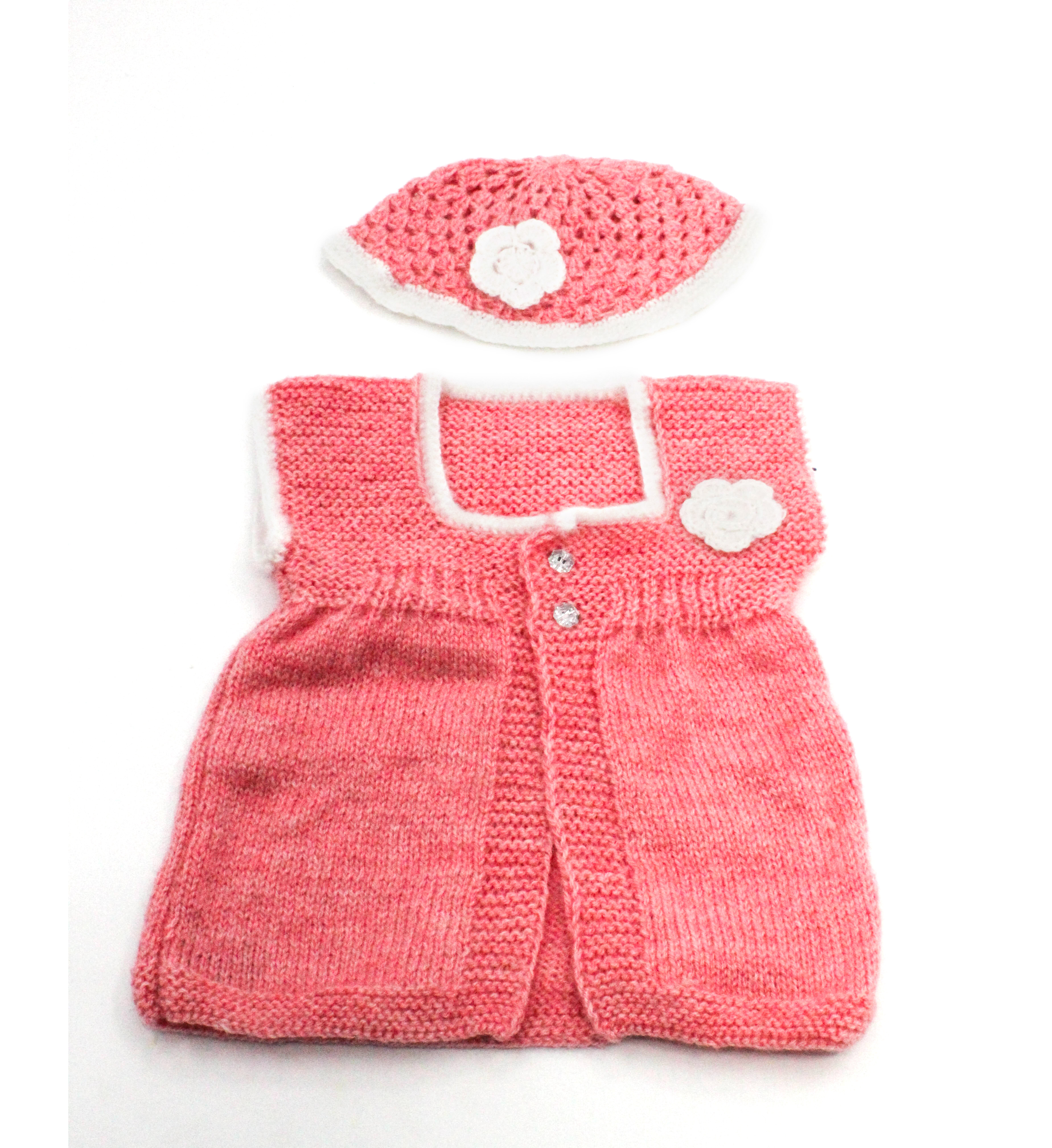 Handknitted Baby Sweater Set with Cap, Pink, 6-12 Months