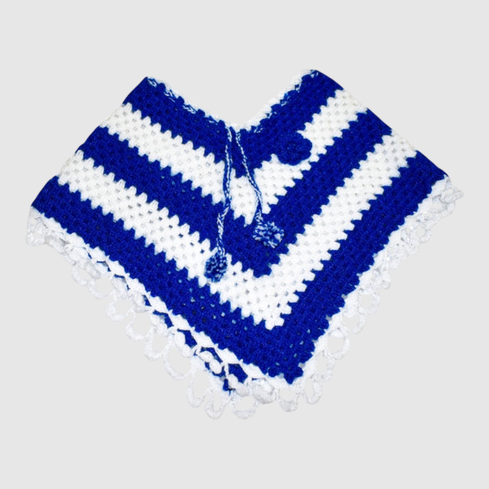 [4-5 Years] Handknitted Kids Woolen Poncho, Blue and White, Striped Pattern