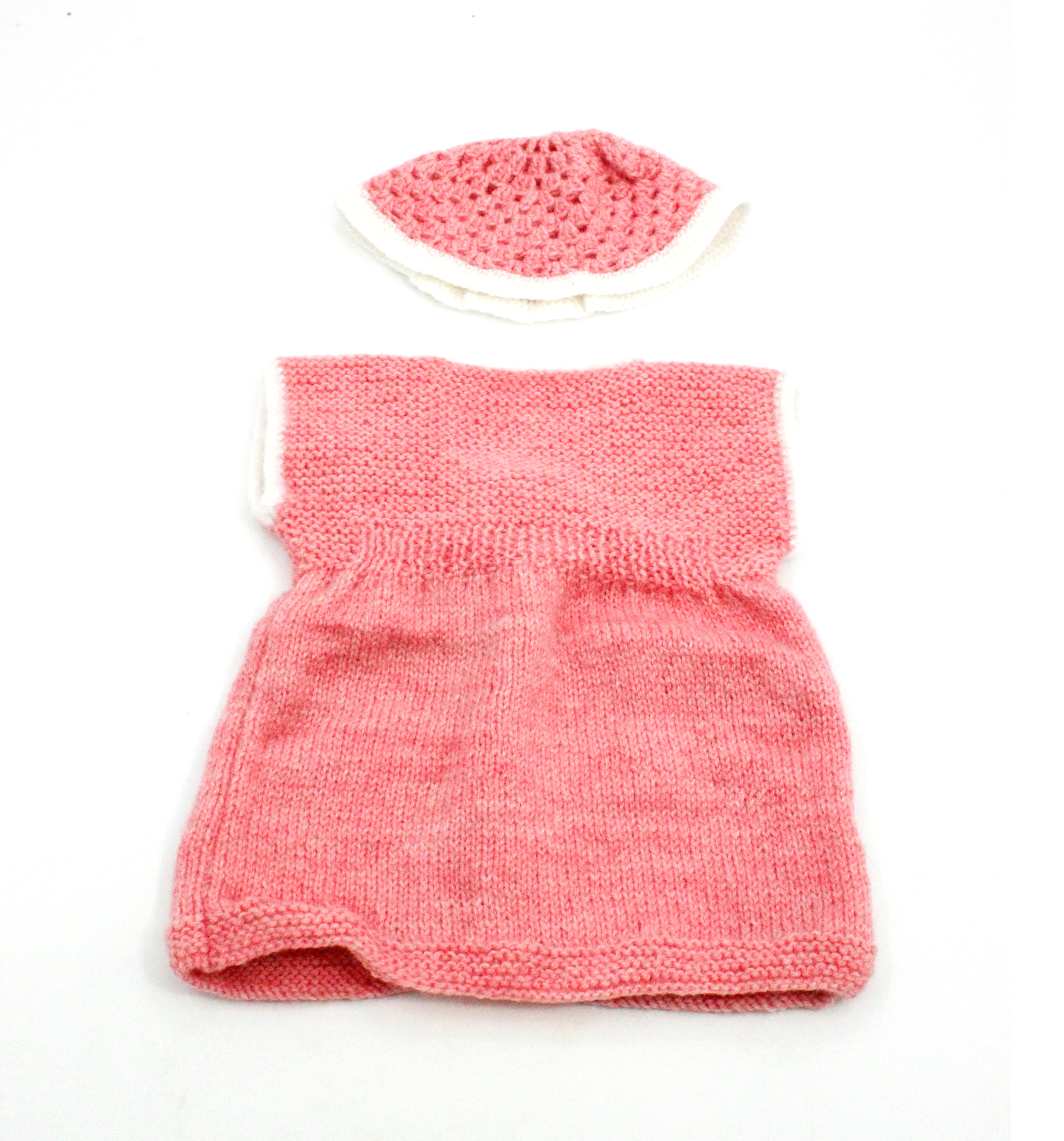 Handknitted Baby Sweater Set with Cap, Pink, 6-12 Months