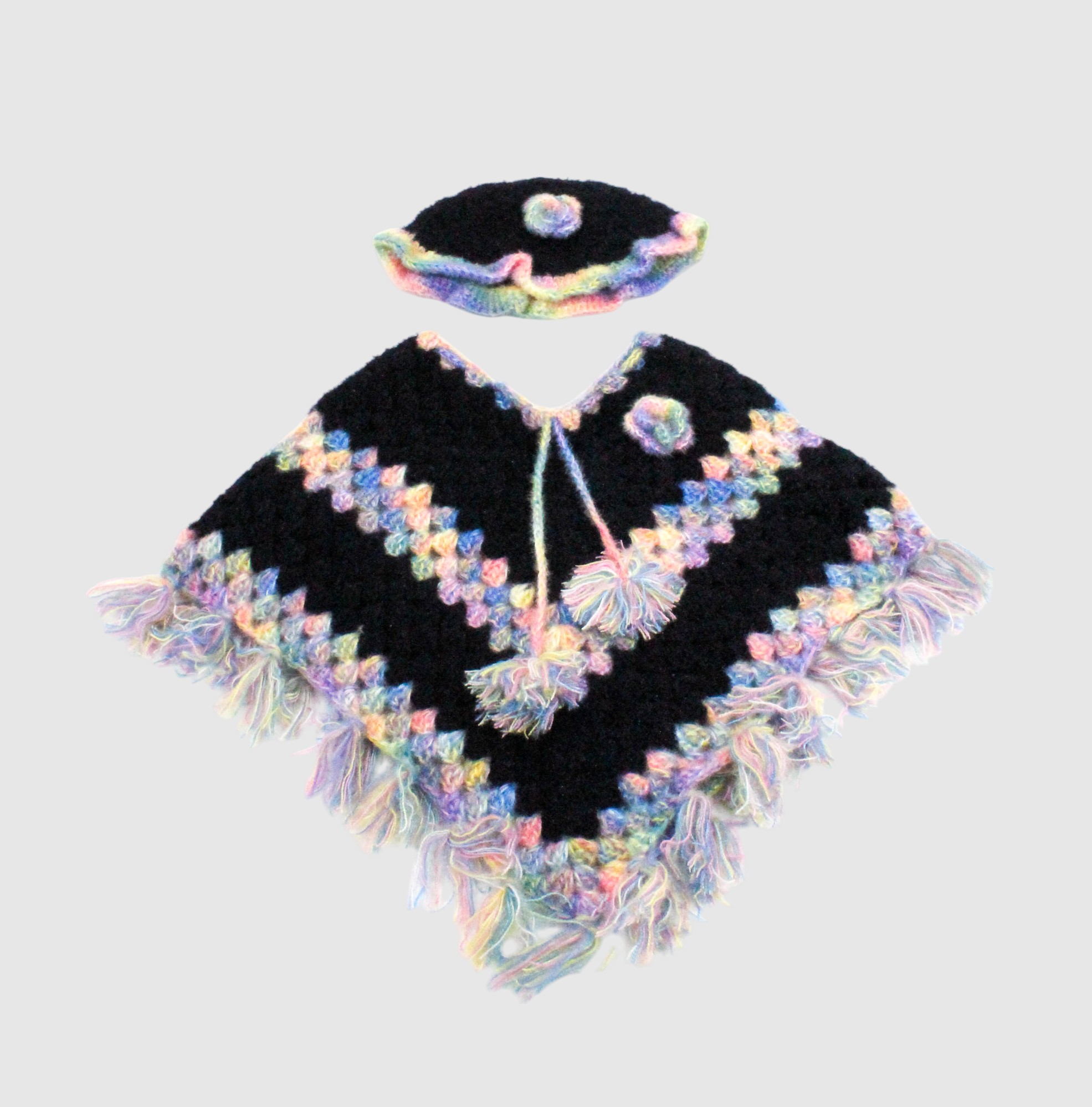 Handknitted Kids Woolen Poncho and Cap Set, Black with Rainbow Trim (6 months - 1 Year)