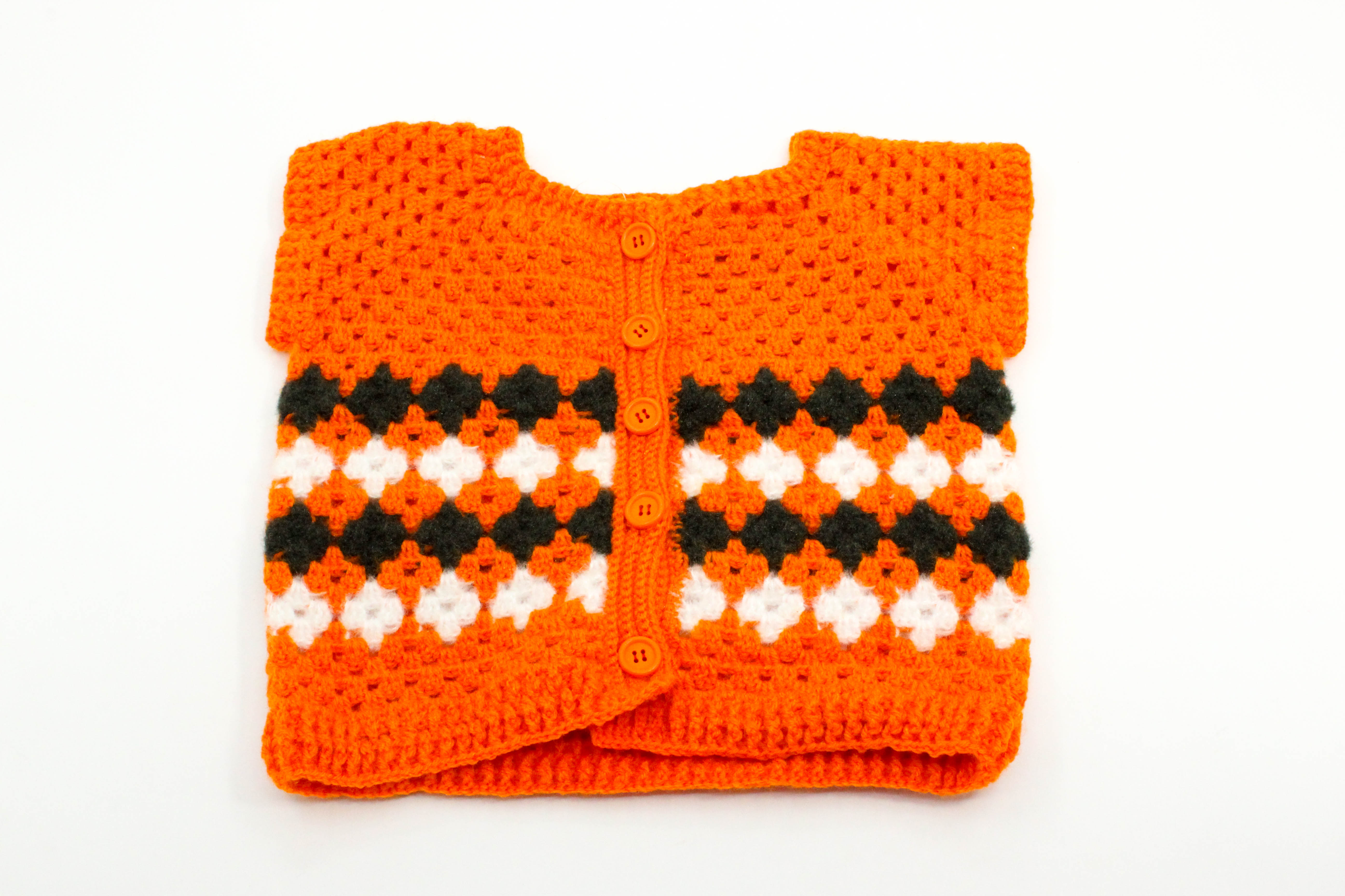 Handmade Baby Cardigan Sweater, Orange with Black and White Pattern, Button Front, 6-12 Months