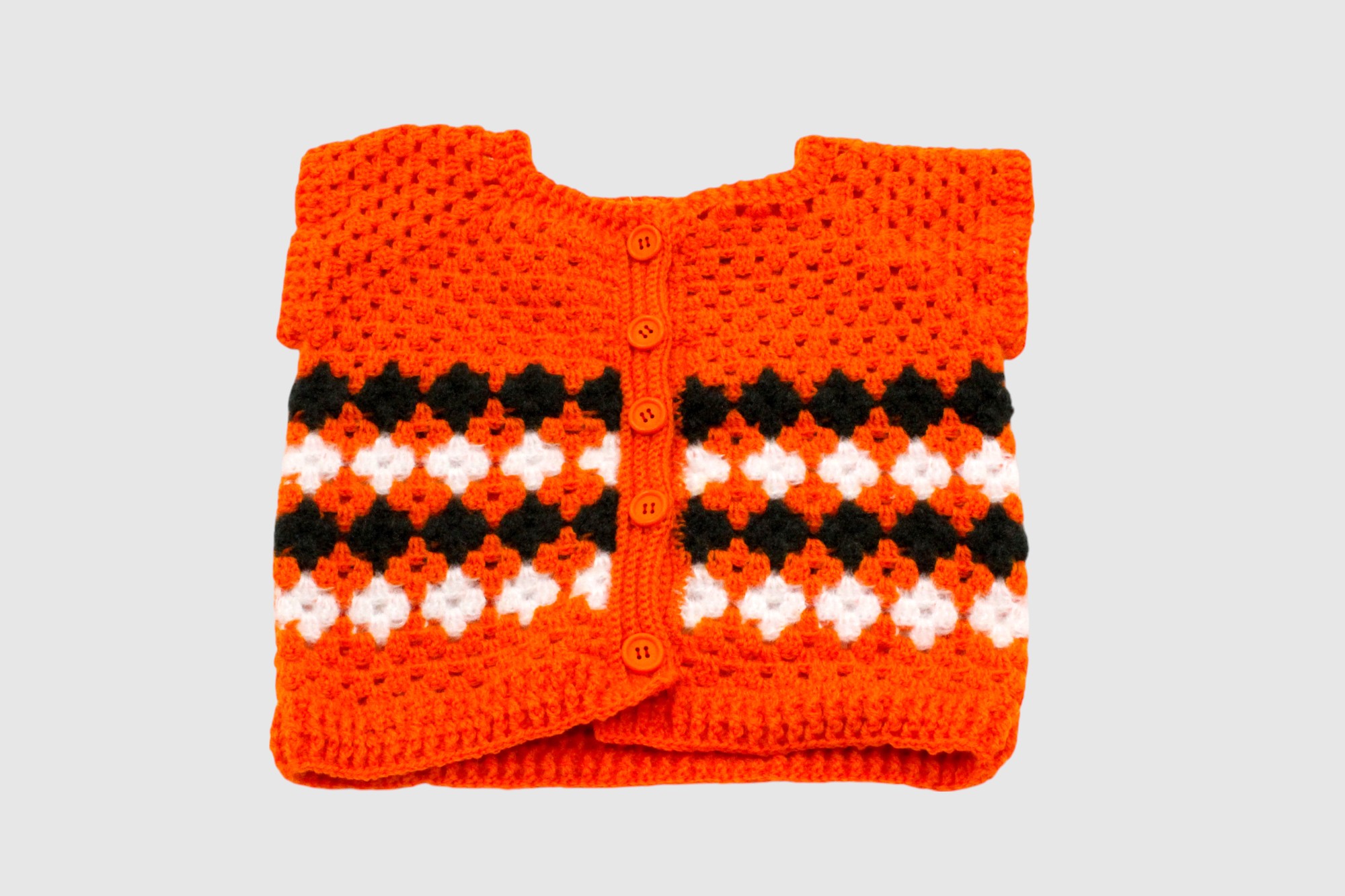 Handmade Baby Cardigan Sweater, Orange with Black and White Pattern, Button Front, 6-12 Months