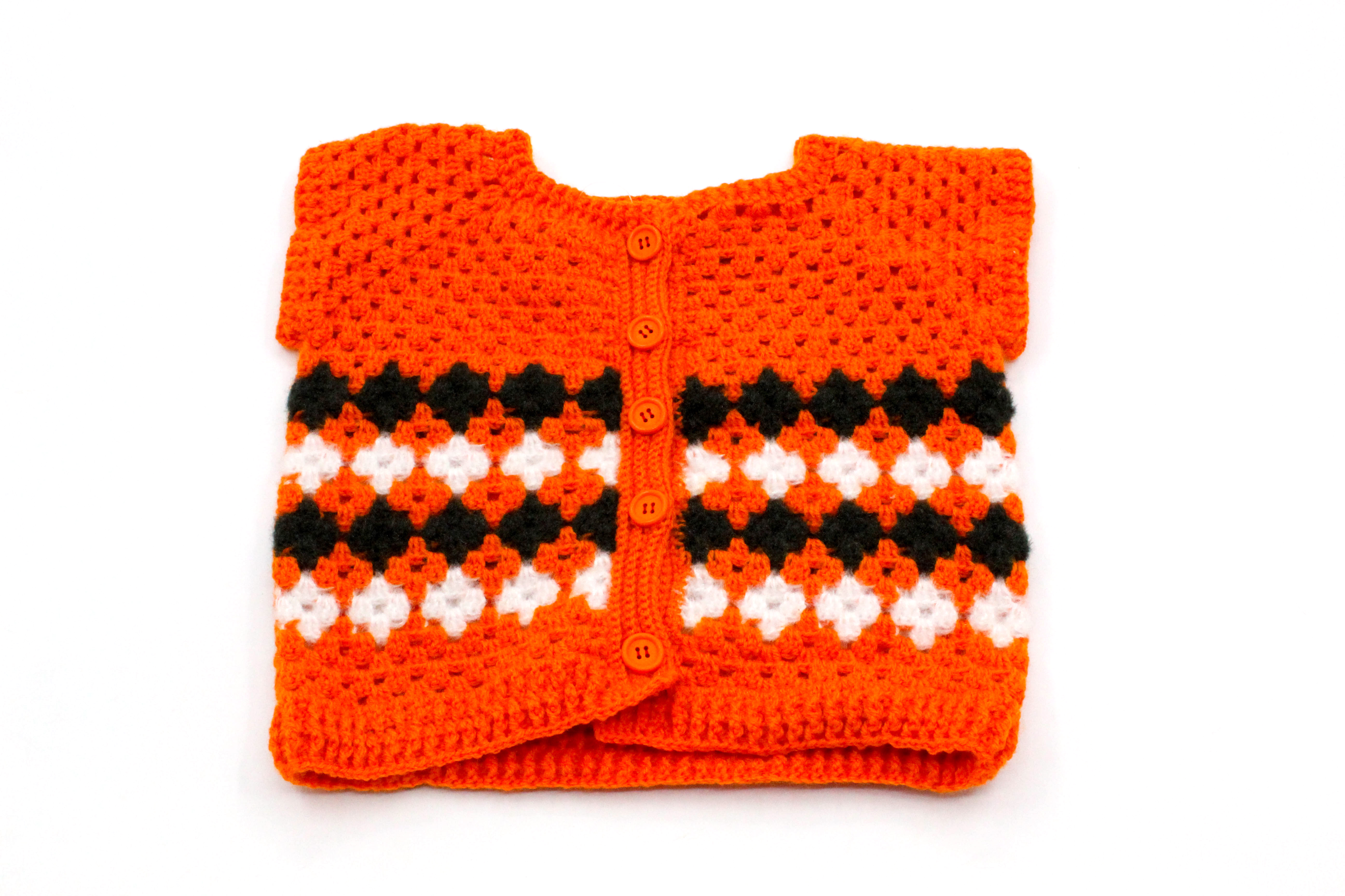 Handmade Baby Cardigan Sweater, Orange with Black and White Pattern, Button Front, 6-12 Months