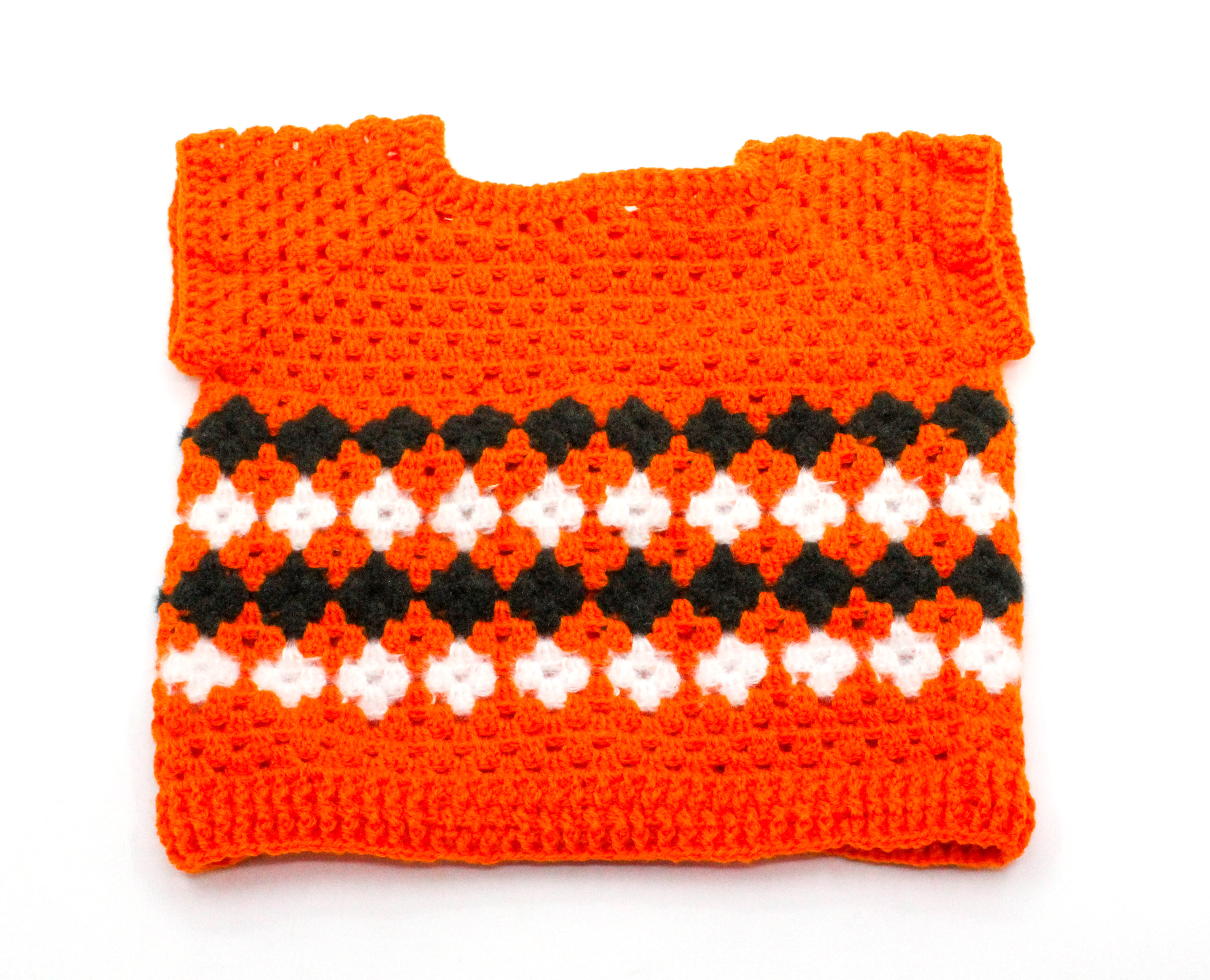 Handmade Baby Cardigan Sweater, Orange with Black and White Pattern, Button Front, 6-12 Months