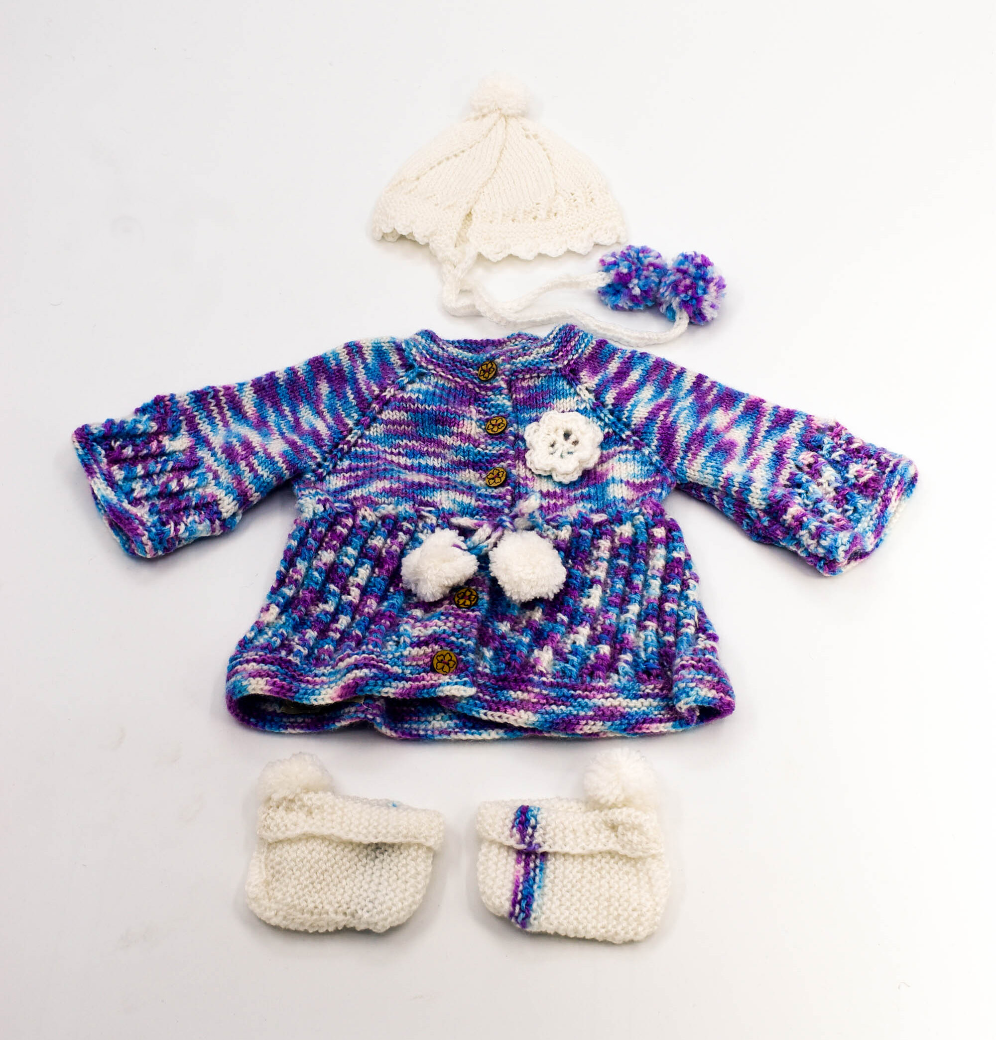 Handknitted Baby Sweater Set with Cap and Socks, Blue-Purple Multi-Colour, 0-2 Months