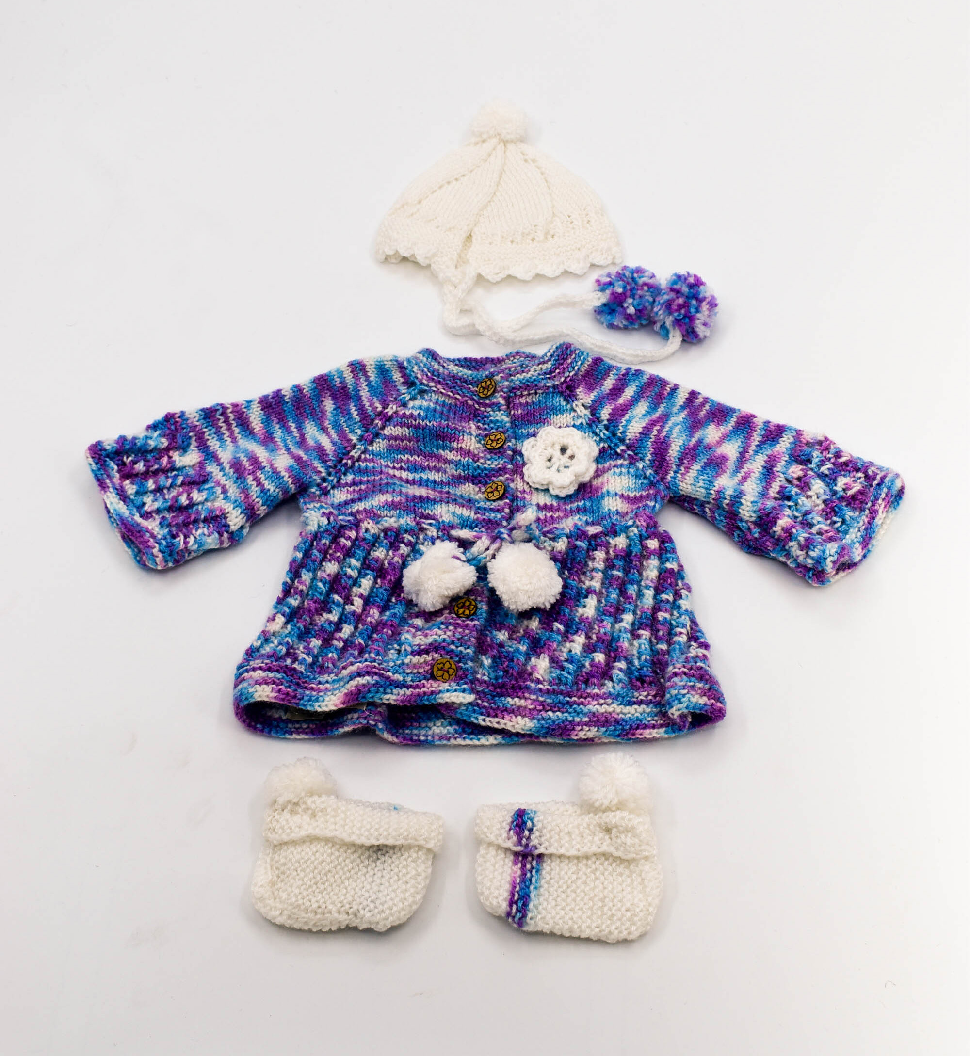 Handknitted Baby Sweater Set with Cap and Socks, Blue-Purple Multi-Colour, 0-2 Months