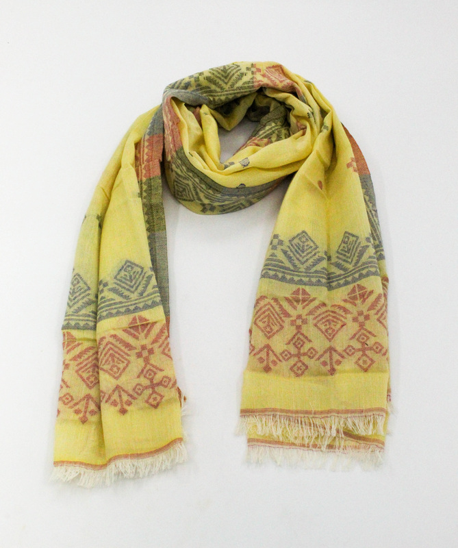 Eelika Elegant Cotton Stole, Yellow with Traditional Geometric Pattern, Fringed Ends