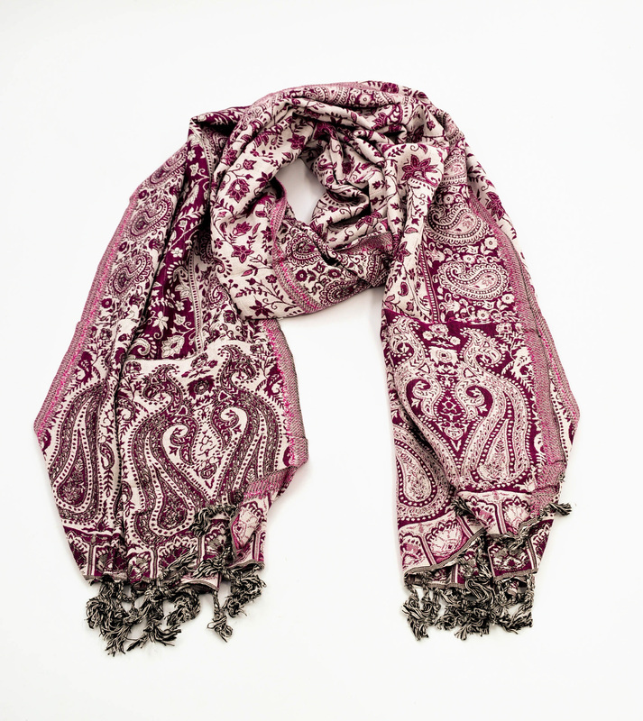 Elegant Women's Paisley Pattern Wool and Viscose Stole, Purple and White, Tasselled