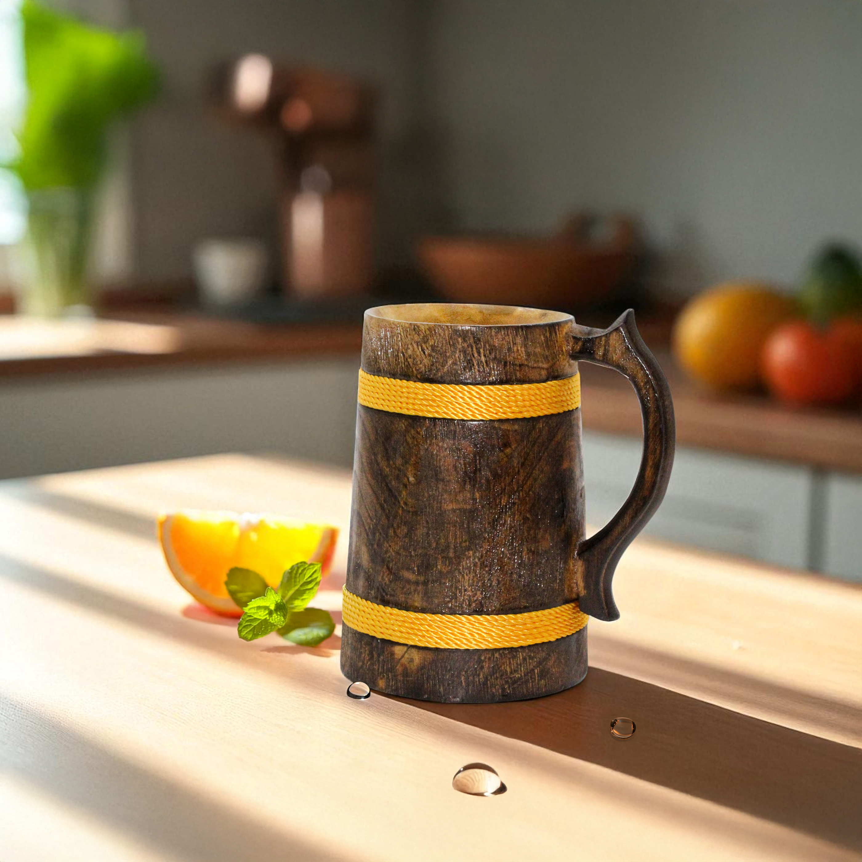 Handcrafted Wooden Beer Mug with Yellow Rope Accents, 14 x 11.5 x 16.5 cm