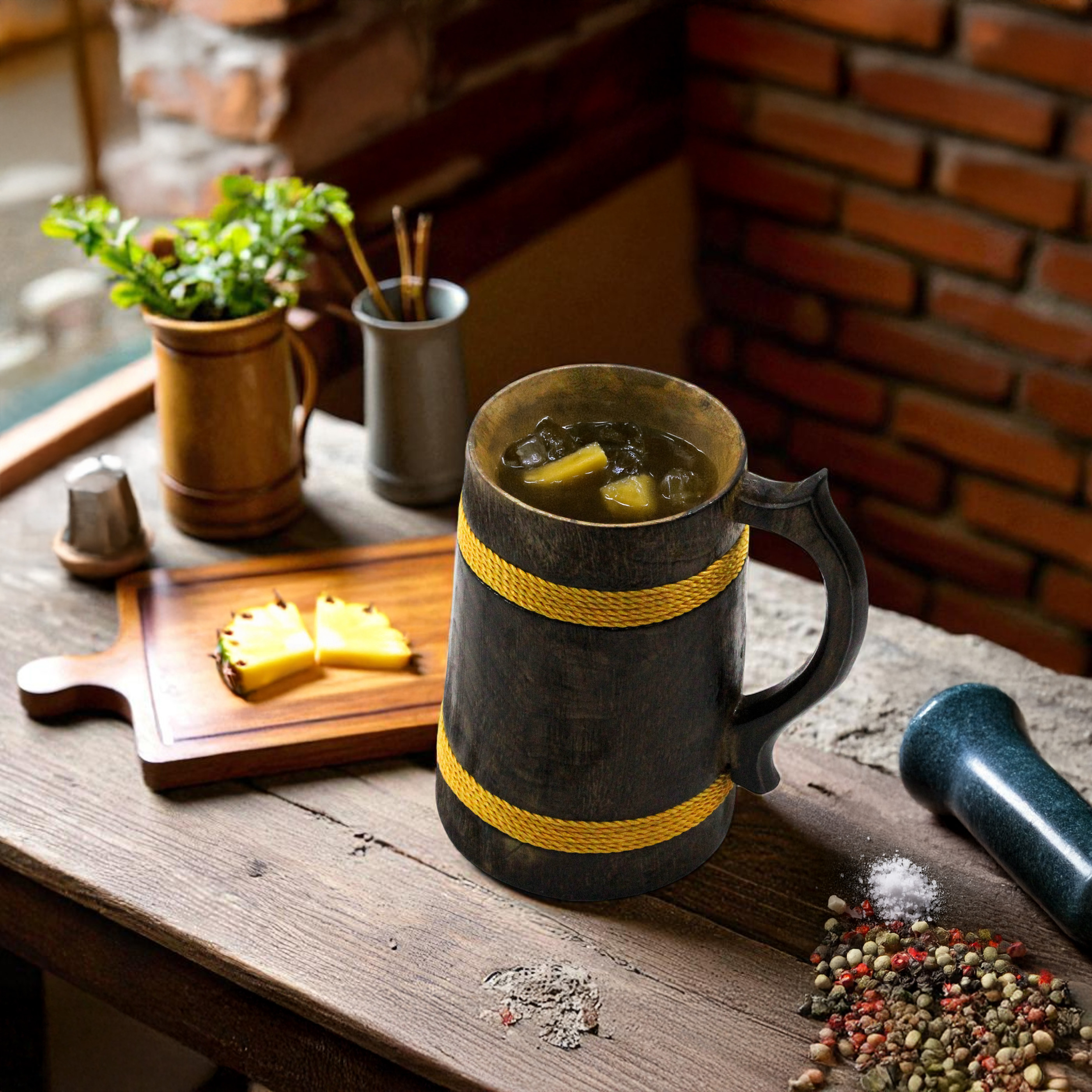 Handcrafted Wooden Beer Mug with Yellow Rope Accents, 14 x 11.5 x 16.5 cm