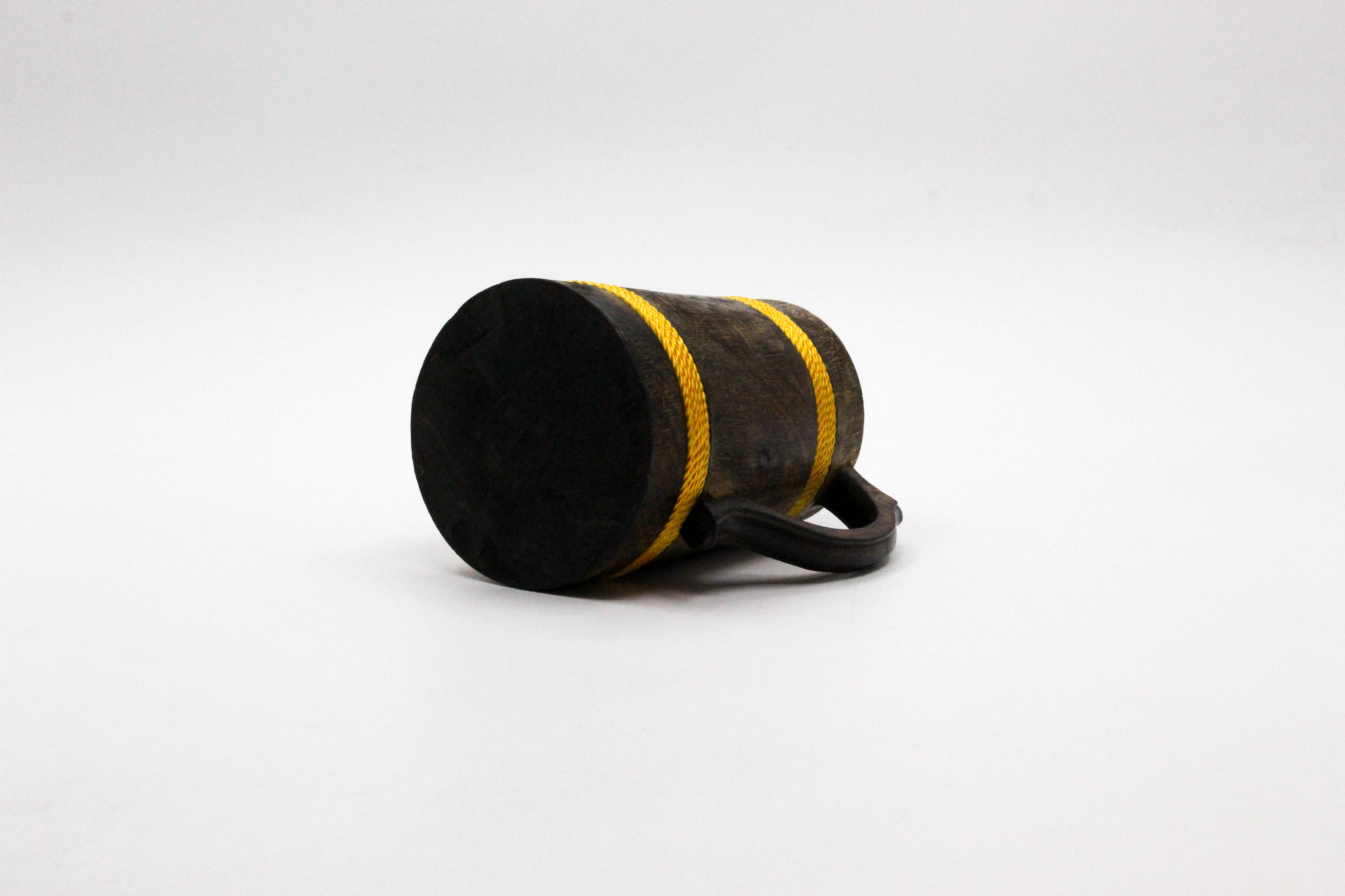 Handcrafted Wooden Beer Mug with Yellow Rope Accents, 14 x 11.5 x 16.5 cm
