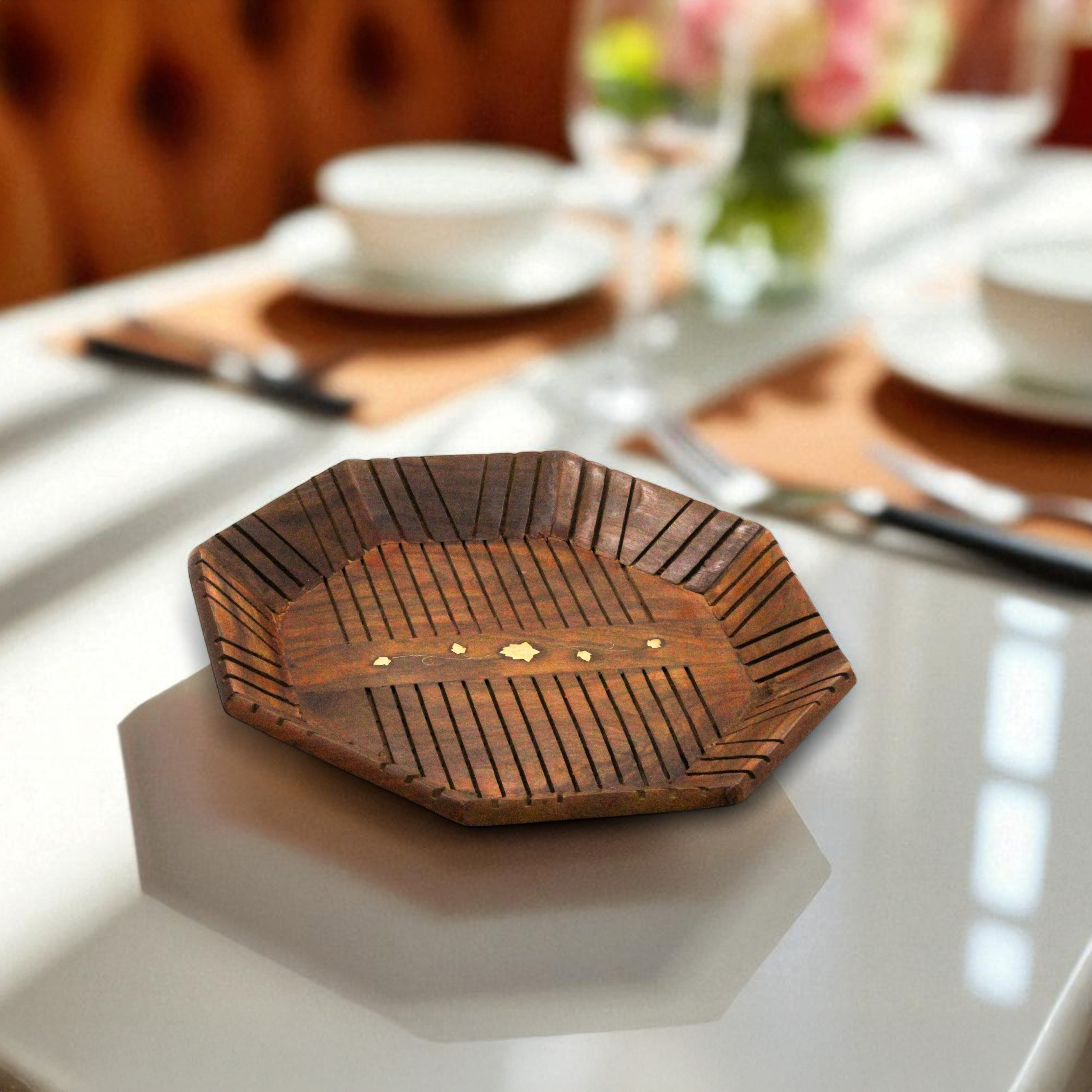 Octagonal Wooden Serving Tray with Floral Design, 30 x 30 x 4.2 cm, Brown