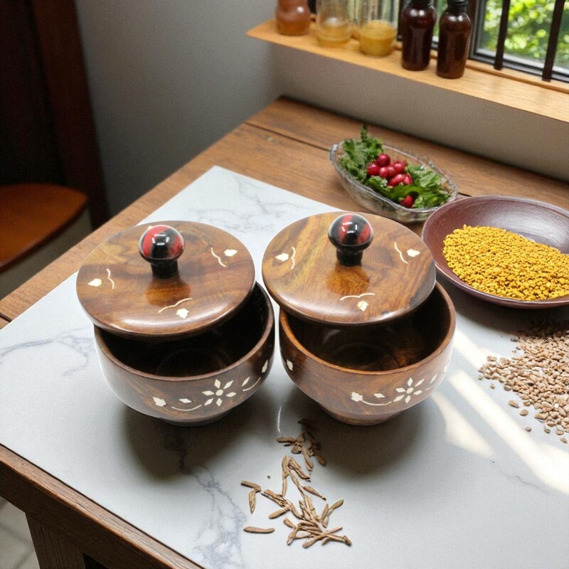 Decorative Wooden Storage Bowls with Lids, Set of 2, 13 x 13 x 10.5 cm, Brown