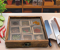 Wooden Masala Box with Glass Lid, 9 Compartments, Traditional Spice Storage Container