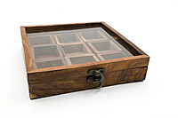 Wooden Masala Box with Glass Lid, 9 Compartments, Traditional Spice Storage Container